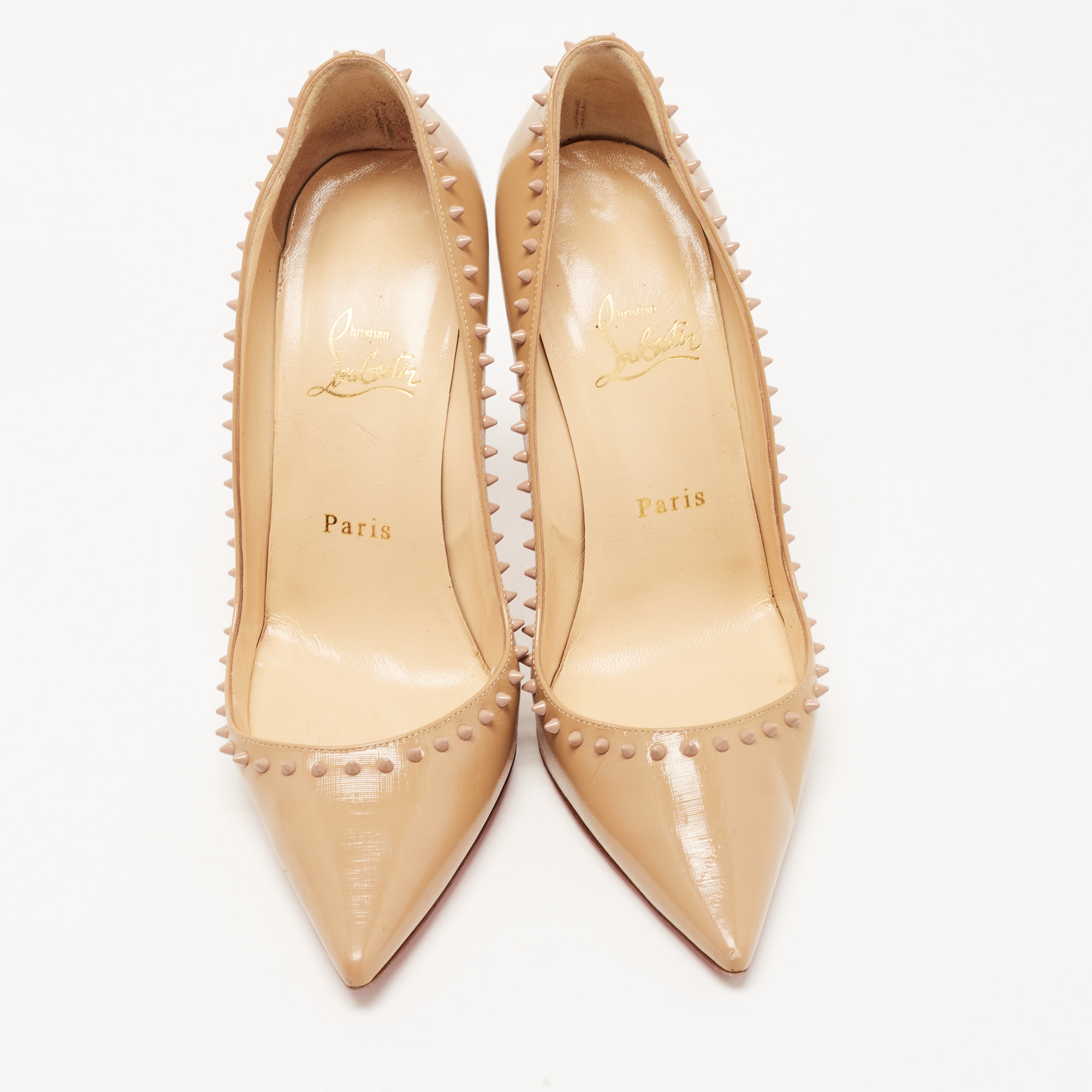 Christian Louboutin Beige Patent Leather Anjalina Spike Pointed Toe Pumps Size 38.5