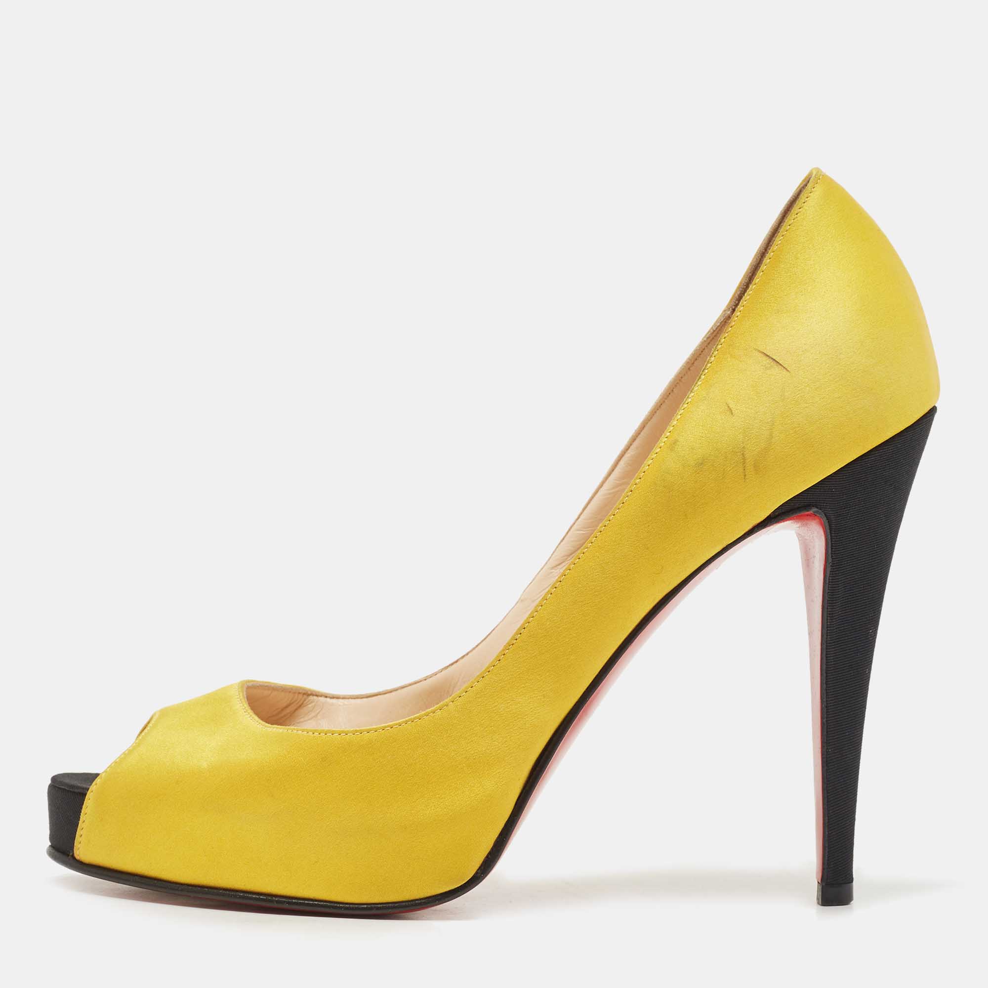 Christian louboutin yellow satin flo platform peep toe pumps size 40