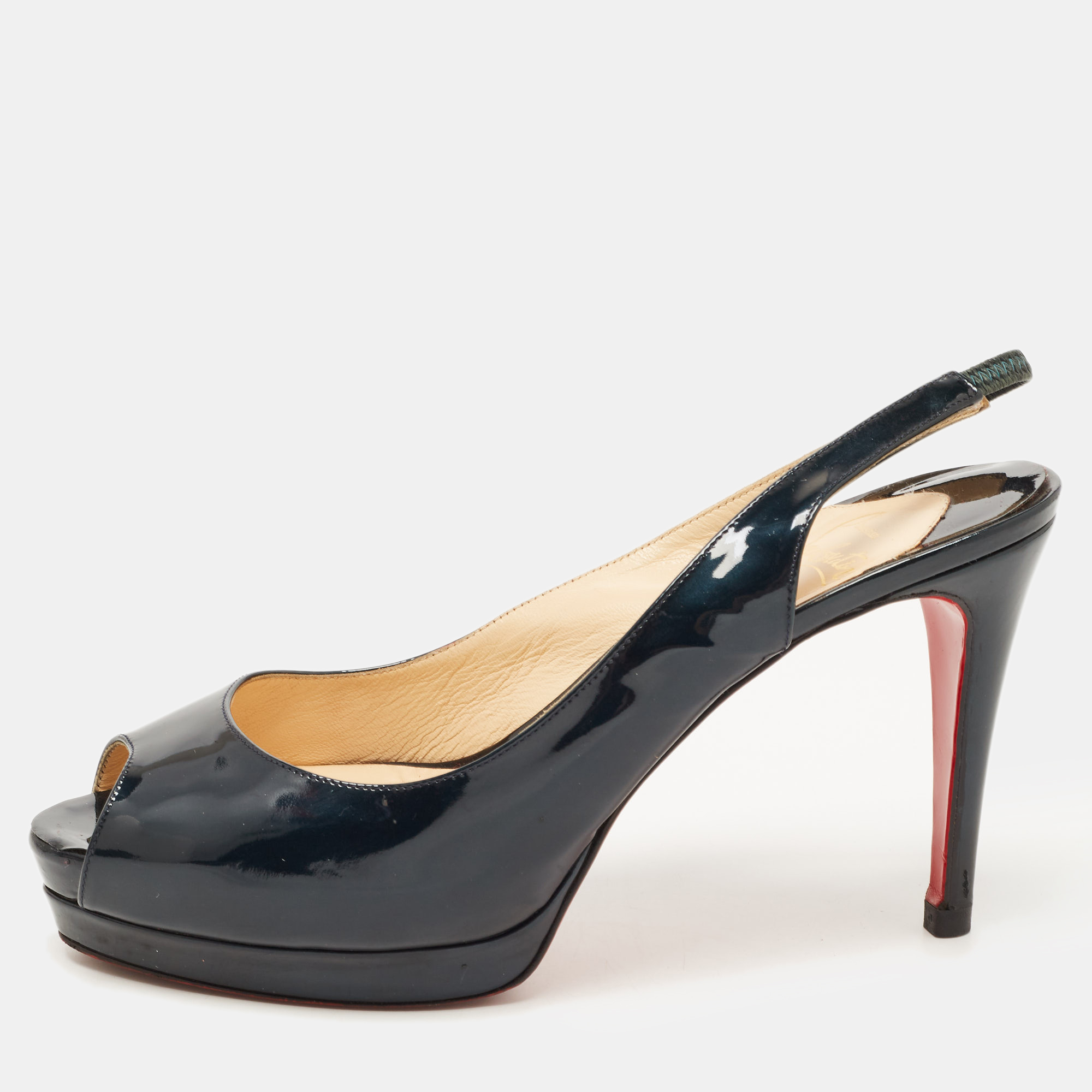 Christian Louboutin Green Patent Leather Private Number Peep Toe Slingback Sandals Size 39