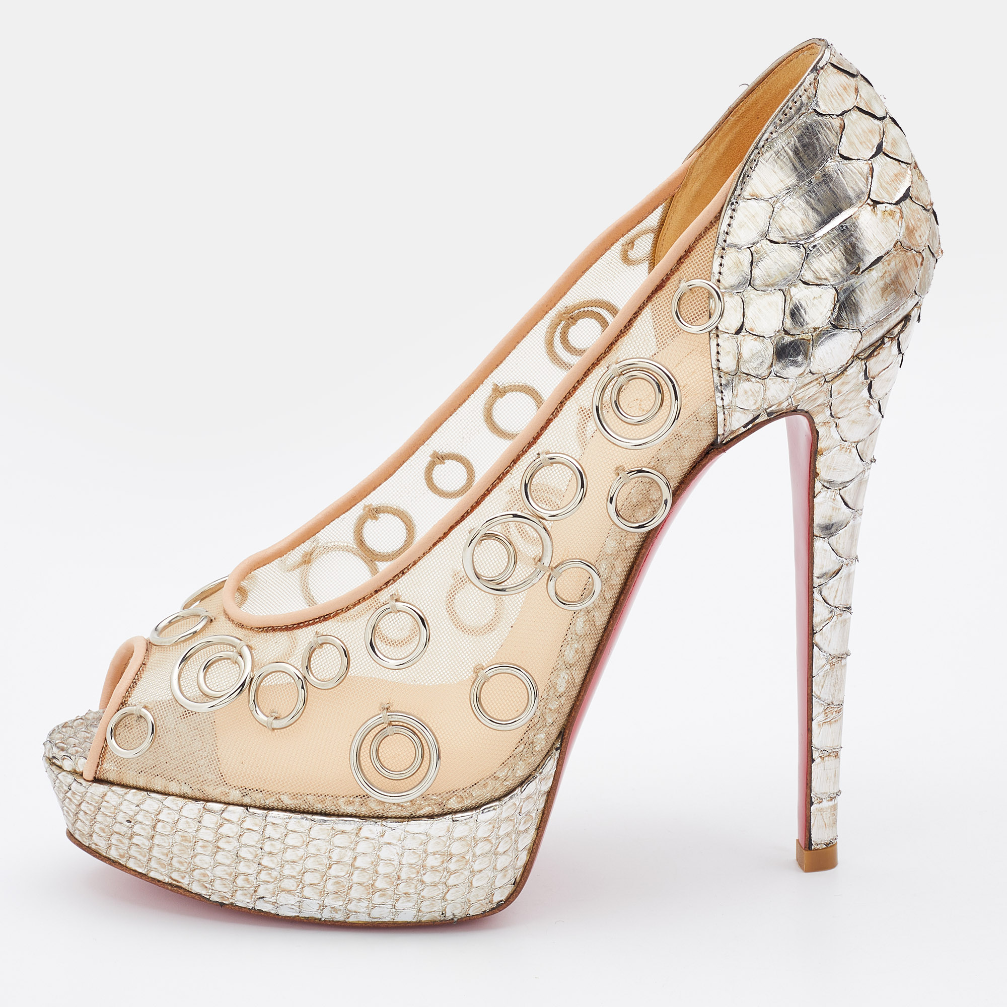 Christian Louboutin Python And Mesh Rings Pierce 140 Peep Toe Platform Pumps Size 38