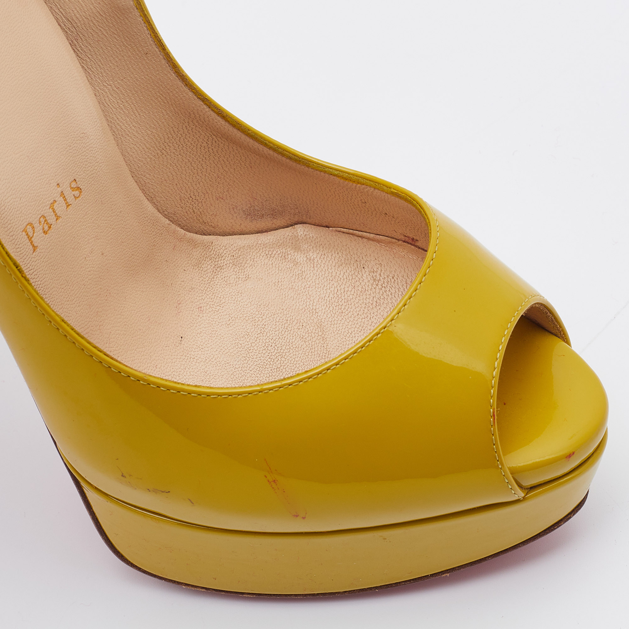Christian Louboutin Mustard Patent Leather Lady Peep Toe Pumps Size 36