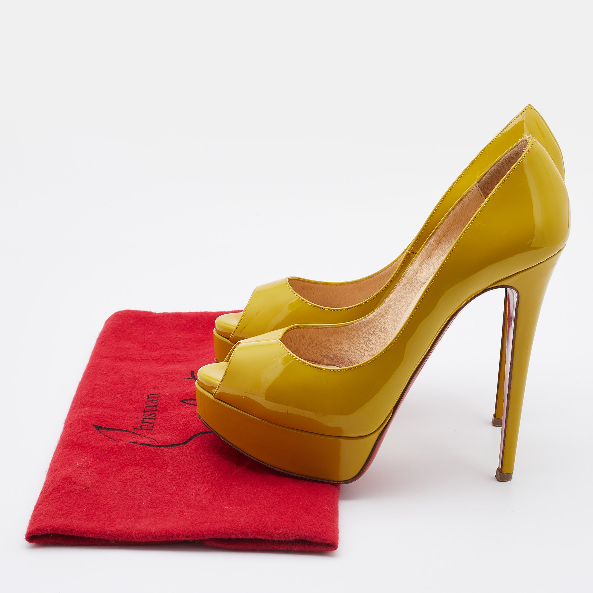 Christian Louboutin Mustard Patent Leather Lady Peep Toe Pumps Size 36