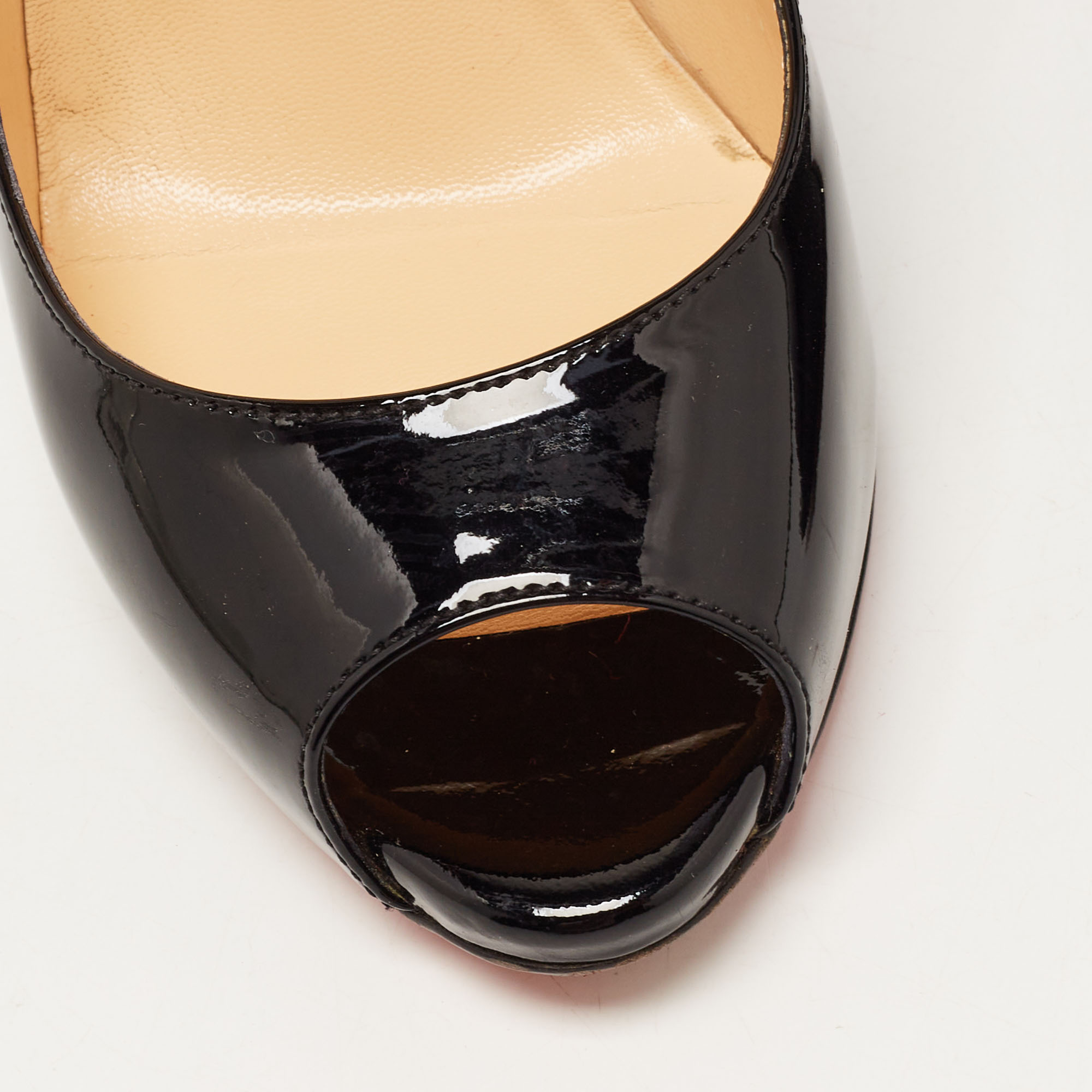 Christian Louboutin Black Patent Leather Flo Platform Peep Toe Pumps Size 37.5