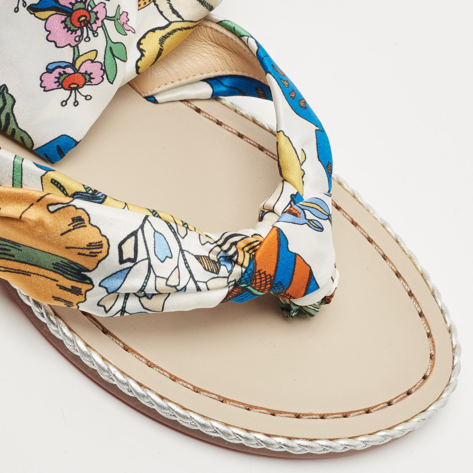Christian Louboutin Multicolor Printed Satin Niloofar Ankle Wrap Flat Sandals Size 36