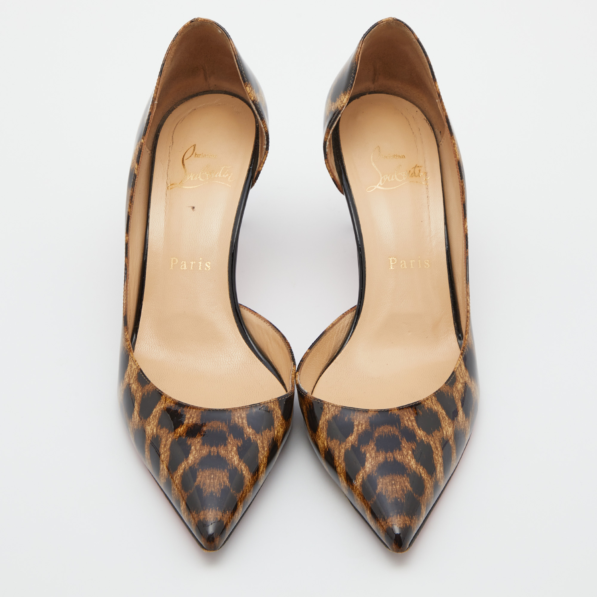 Christian Louboutin Brown Leopard Print Patent Leather Iriza Pointed Toe D'orsay Pumps Size 37.5