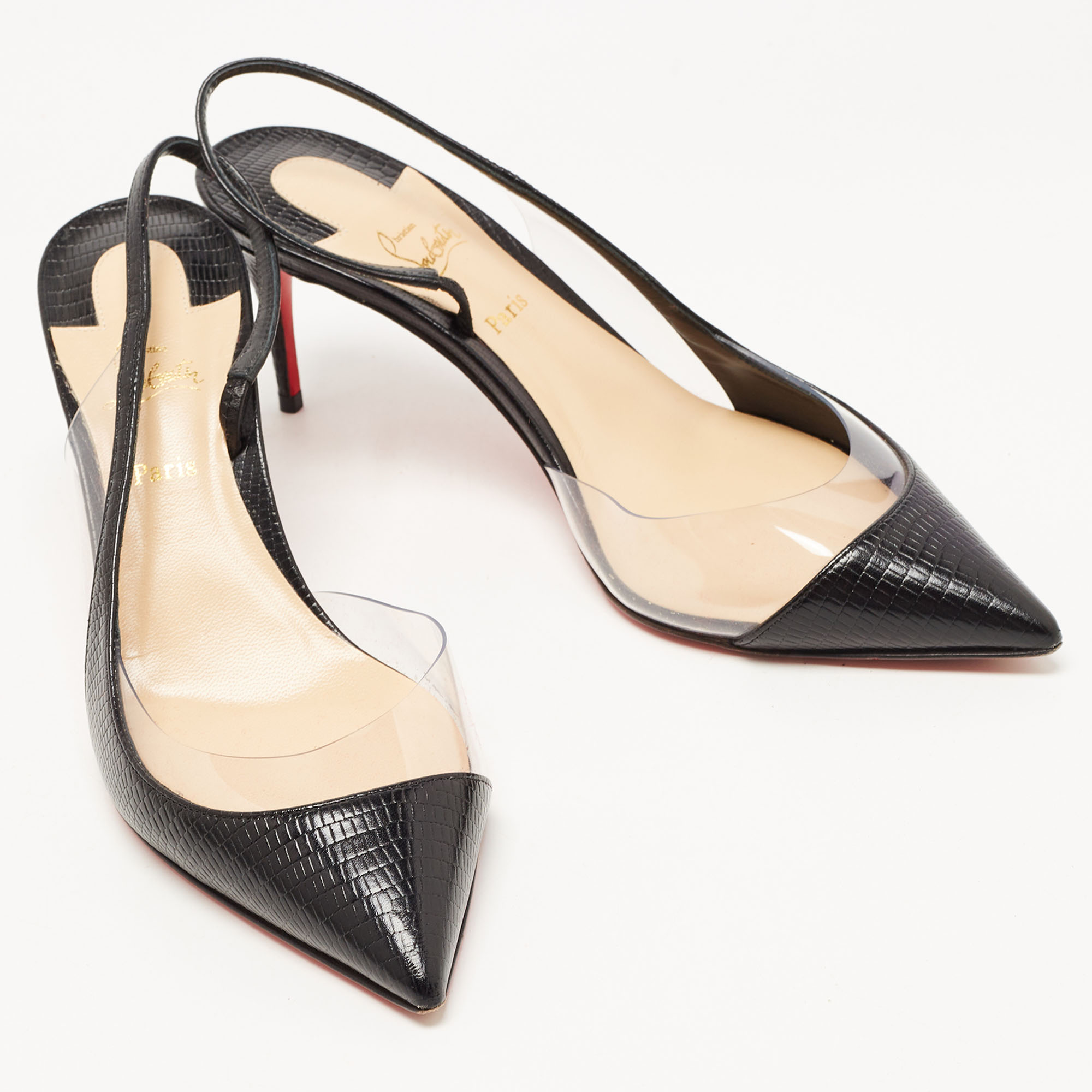 Christian Louboutin Black Lizard Embossed Leather And PVC Optisexy Pumps Size 37.5