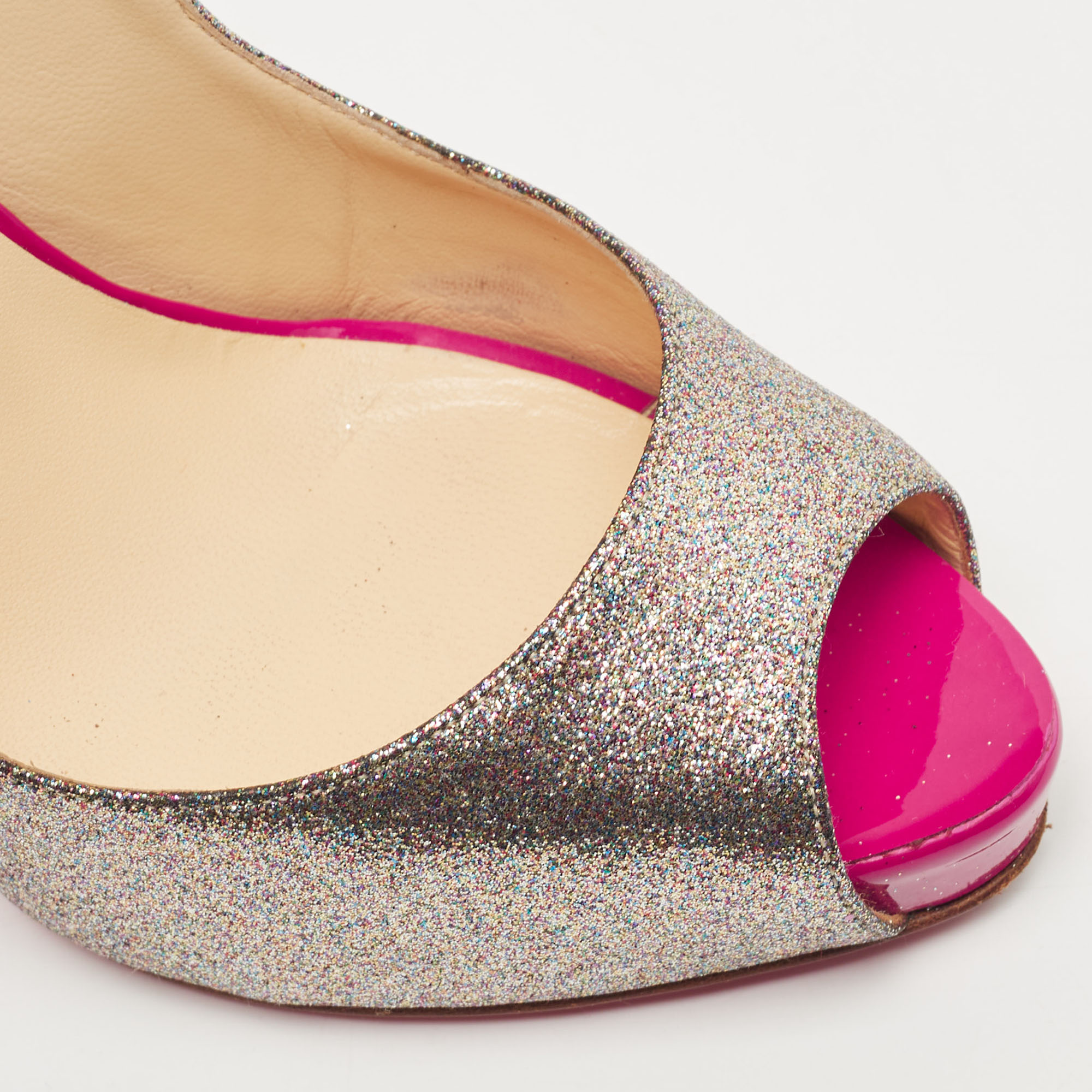 Christian Louboutin Silver/Pink Glitter No Prive Peep Toe Slingback Sandals Size 38.5