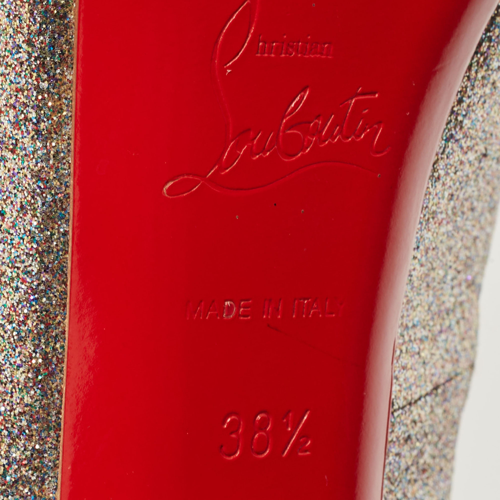 Christian Louboutin Silver/Pink Glitter No Prive Peep Toe Slingback Sandals Size 38.5