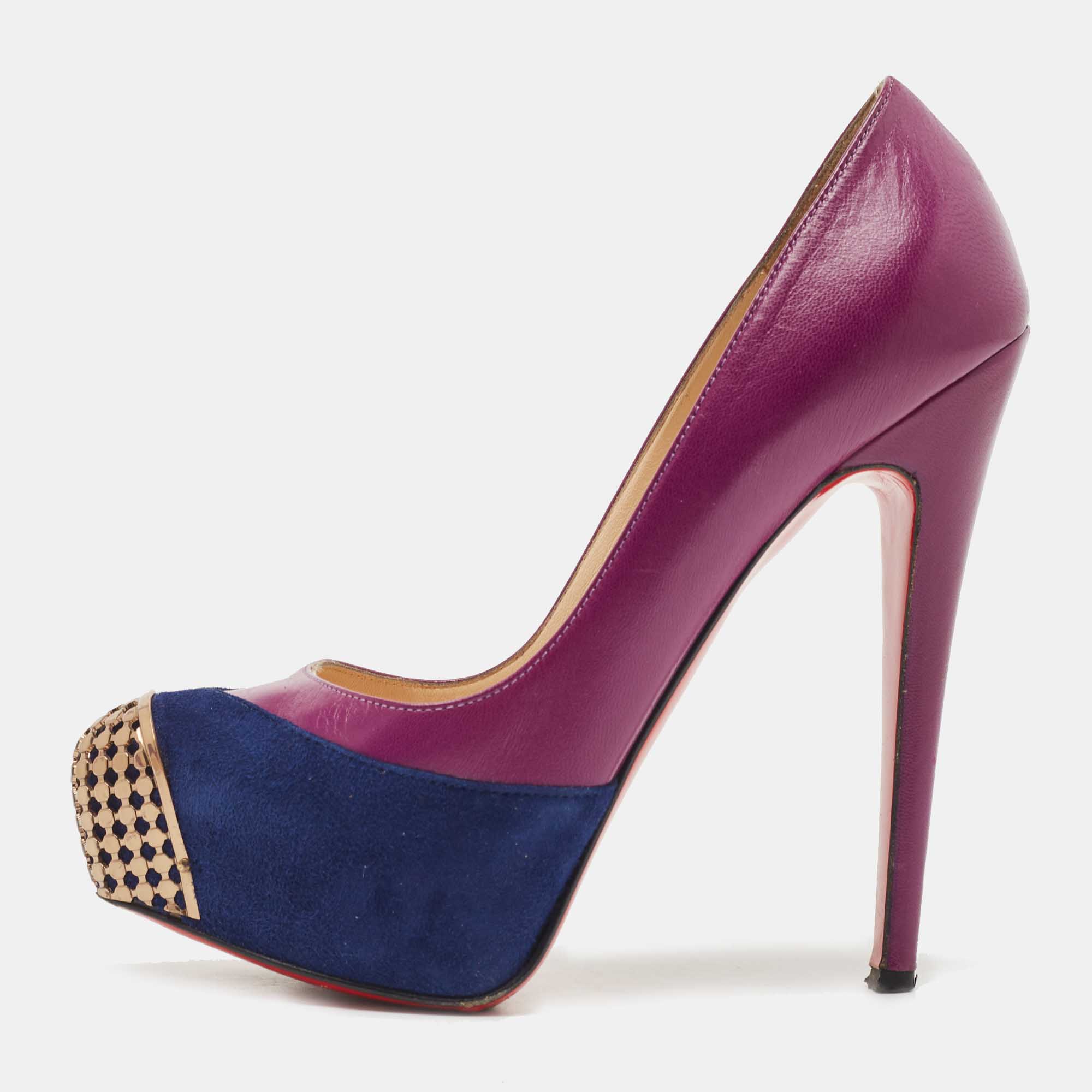 Christian louboutin purple suede and leather maggie platform pumps size 36.5