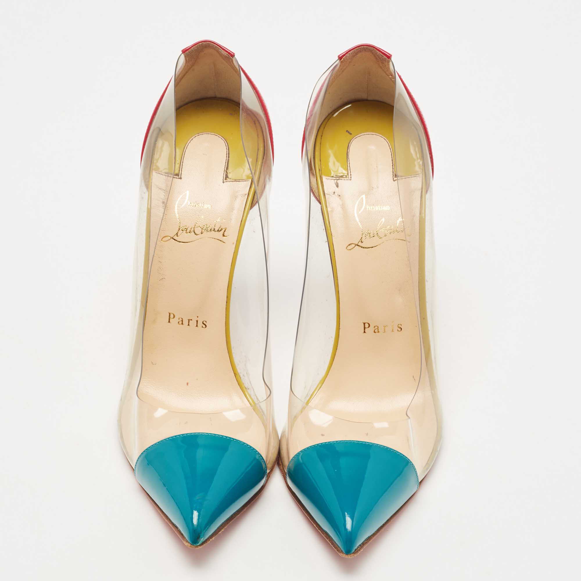 Christian Louboutin Pink/Green Patent Leather And PVC Debout Pointed Toe Pumps Size 38.5