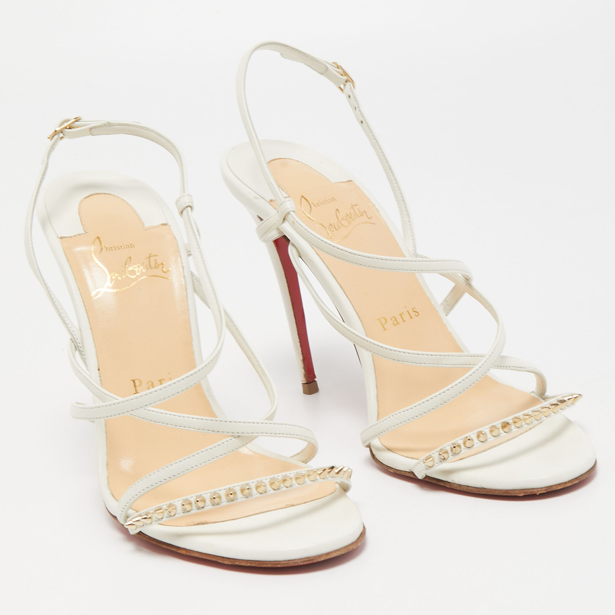 Christian Louboutin White Leather Spike Ankle Strap Sandals Size 36.5