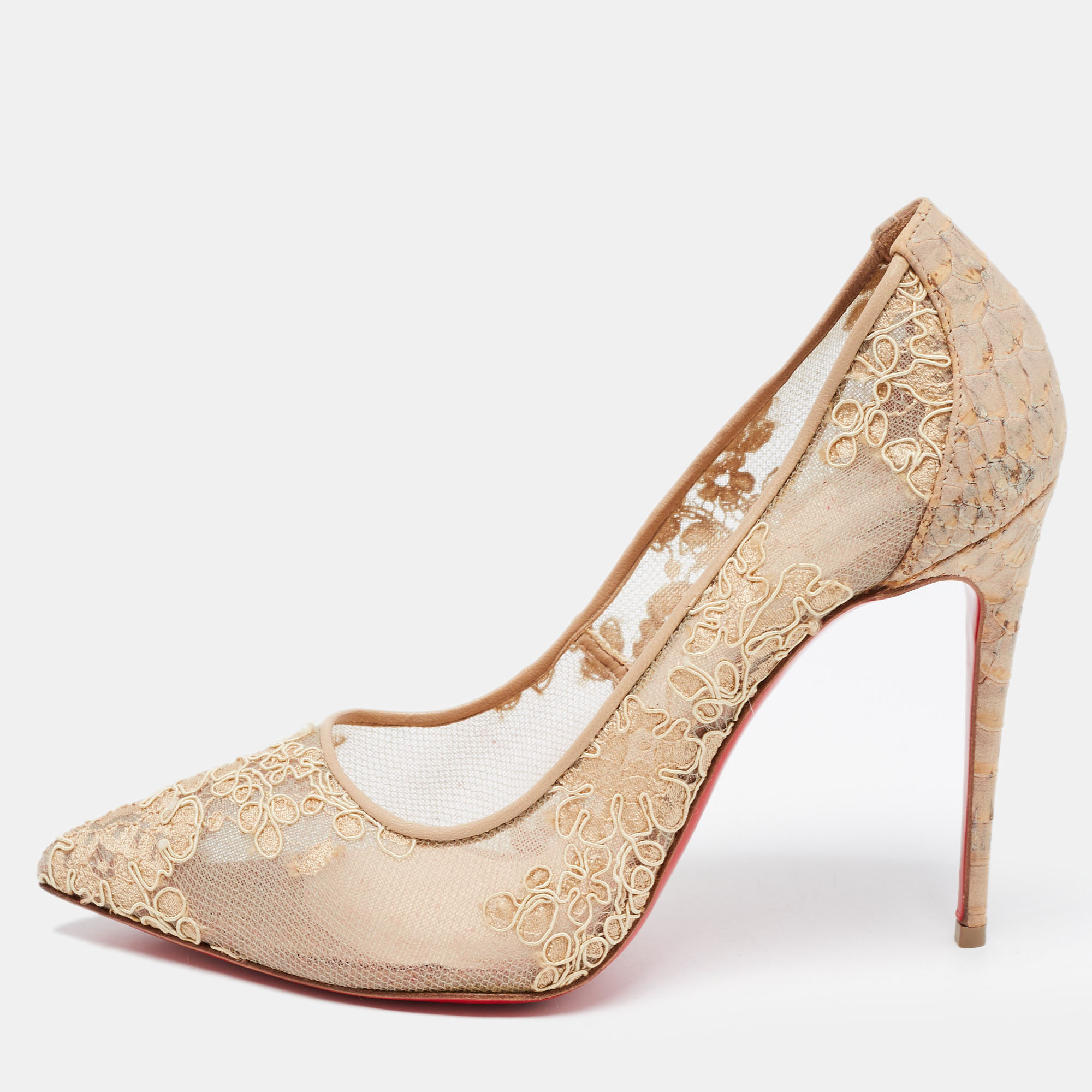 Christian Louboutin Beige Lace And Embossed Python Leather Pigalle Follies Pumps Size 38