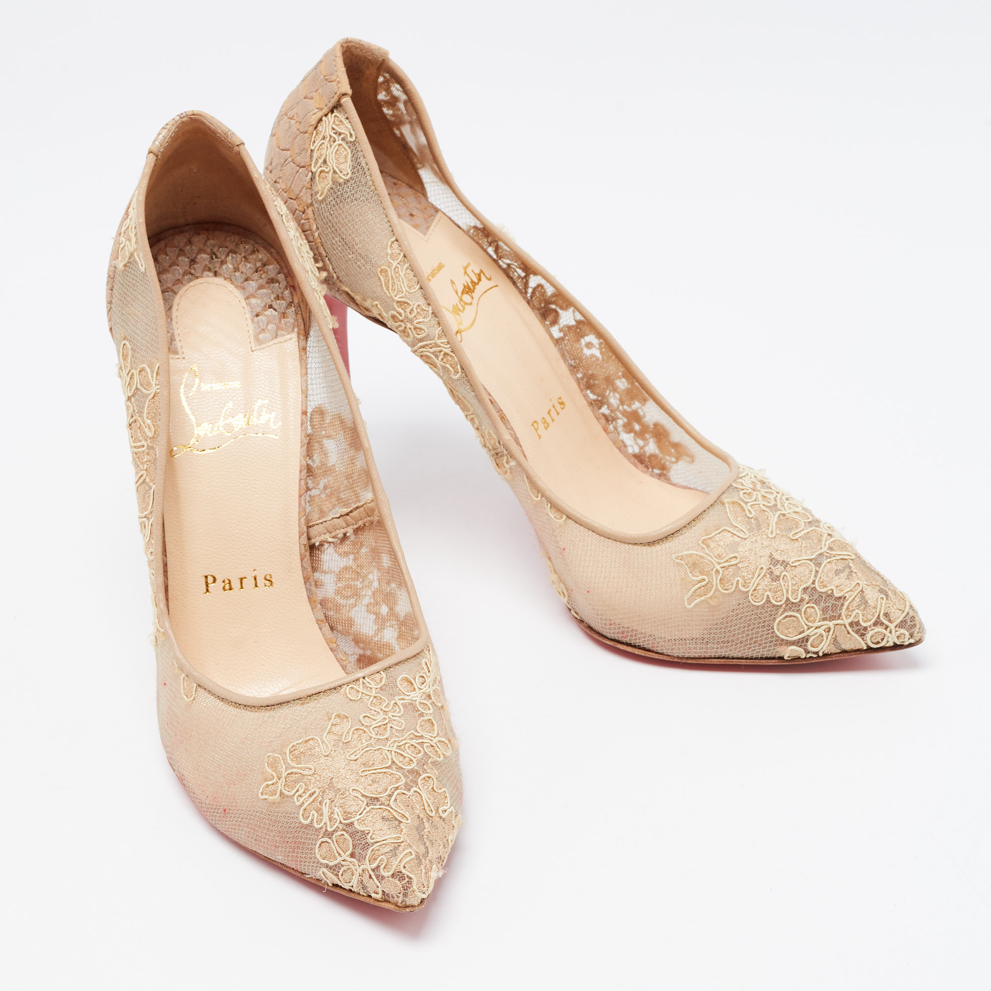 Christian Louboutin Beige Lace And Embossed Python Leather Pigalle Follies Pumps Size 38