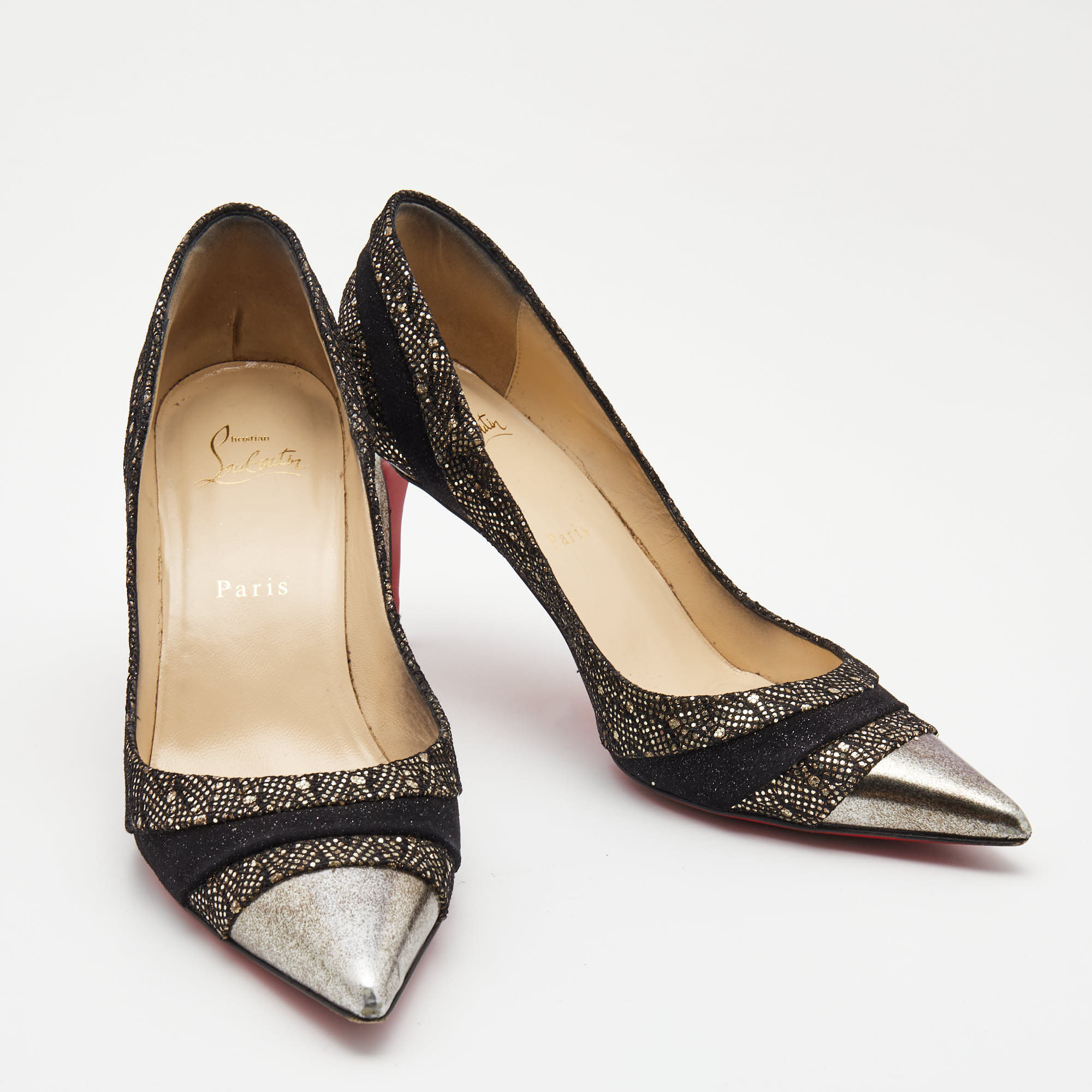 Christian Louboutin Two Tone Glitter Suede And Glitter Lace Eklectica Pumps Size 38.5