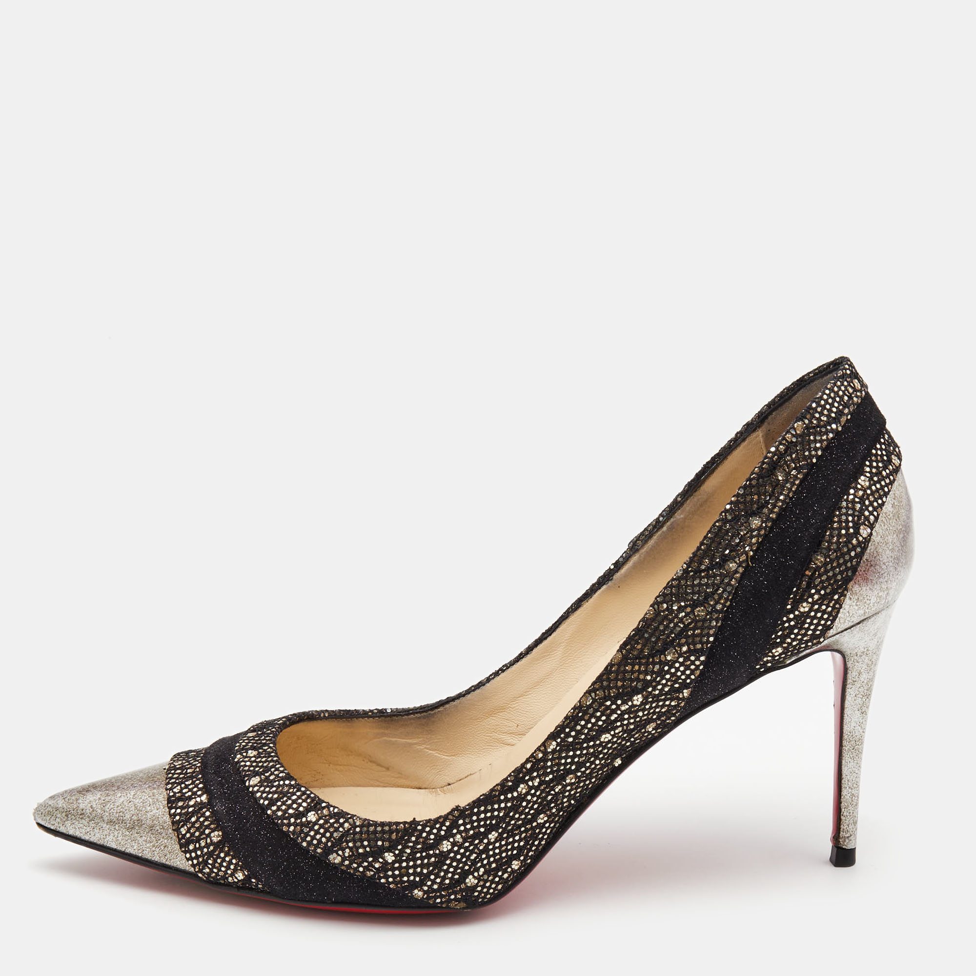 Christian Louboutin Two Tone Glitter Suede And Glitter Lace Eklectica Pumps Size 38.5