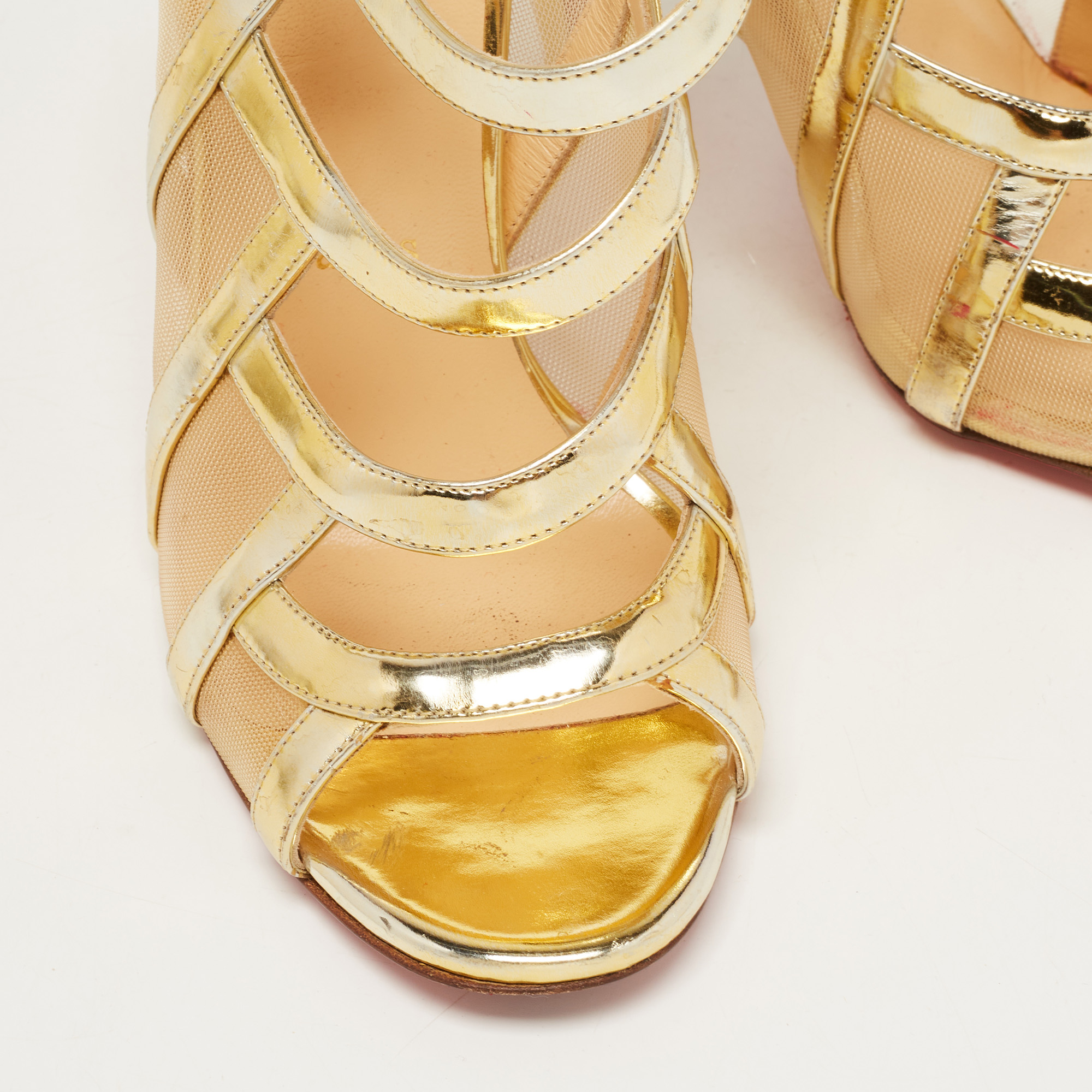 Christian Louboutin Gold Leather And Mesh Nicole K Sandals Size 38
