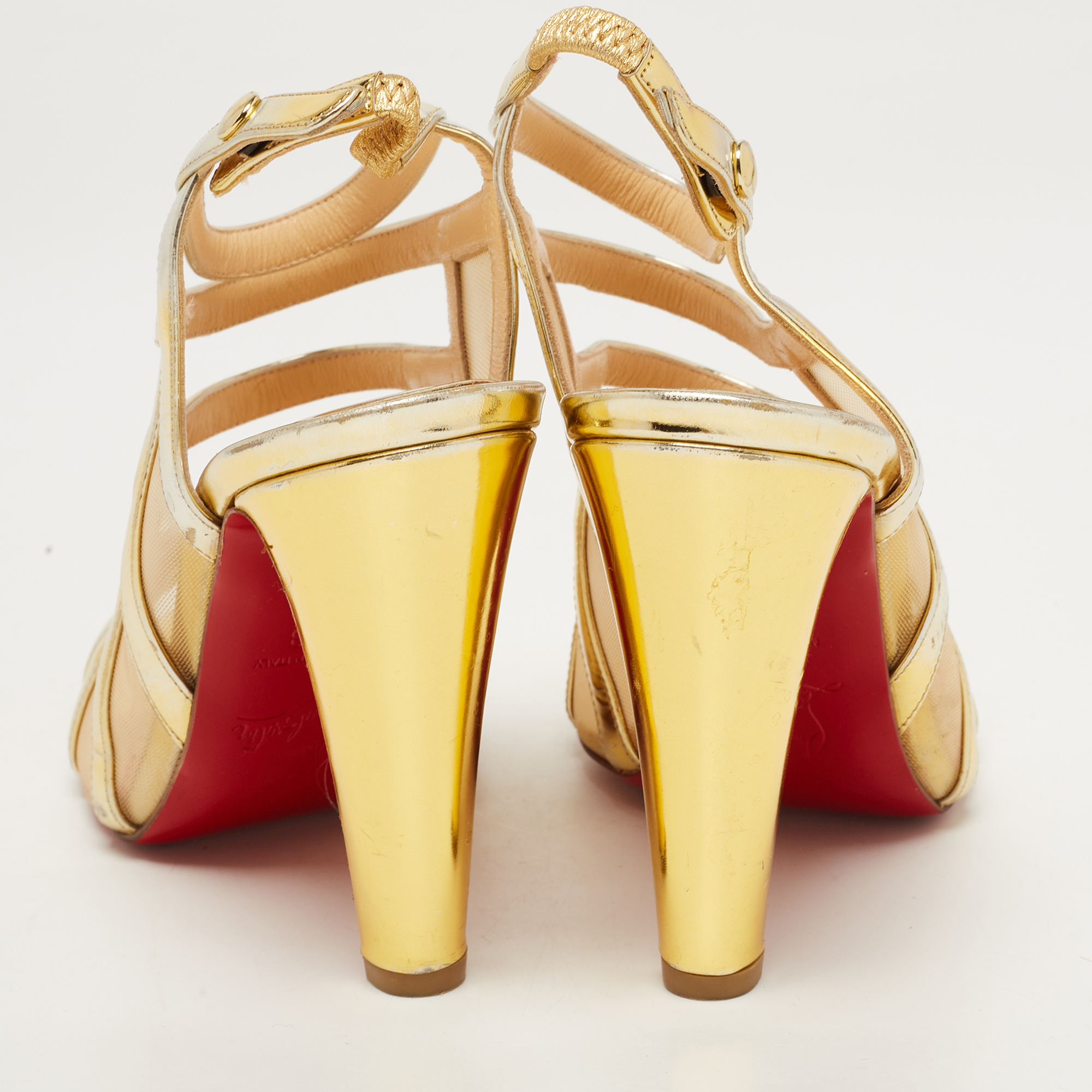Christian Louboutin Gold Leather And Mesh Nicole K Sandals Size 38