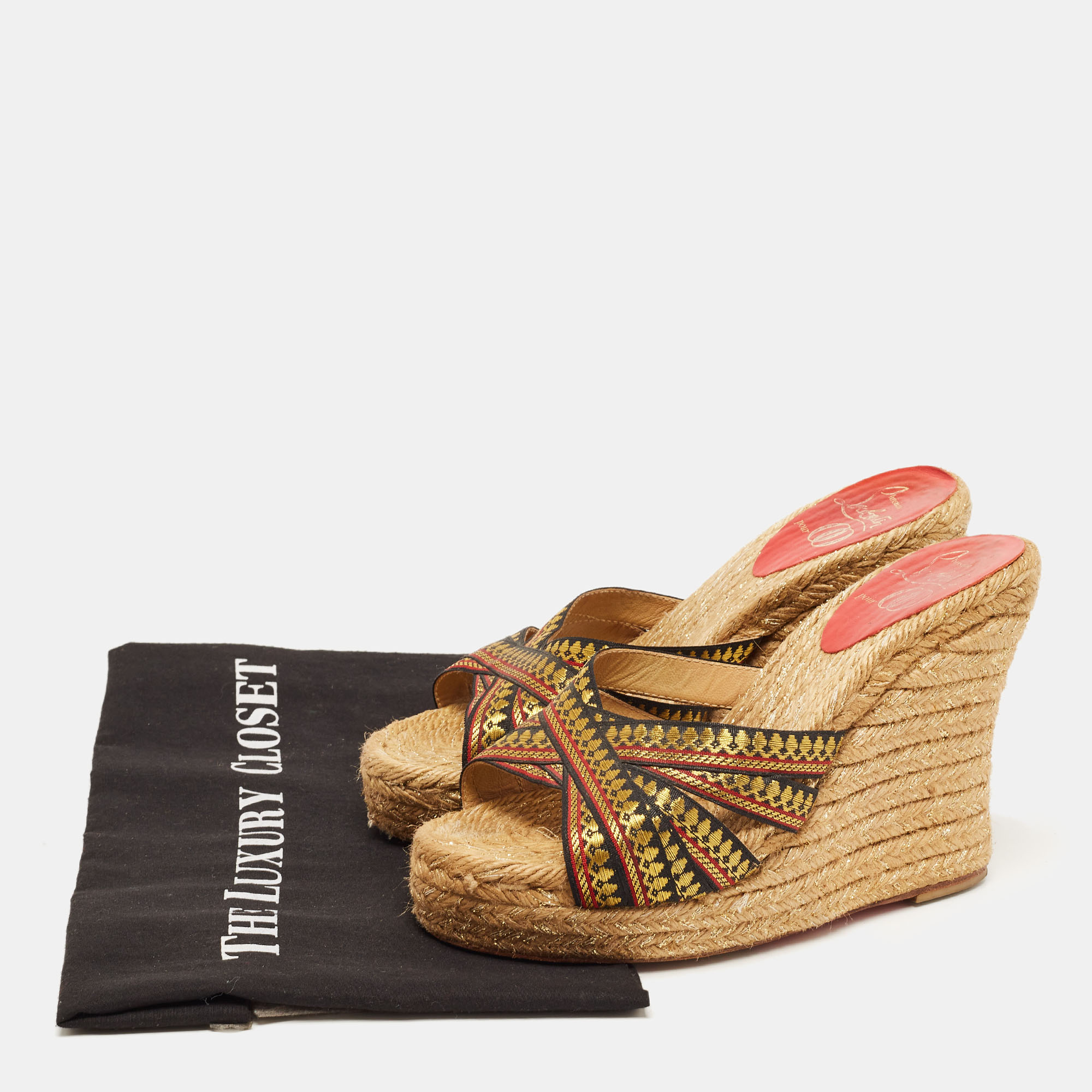 Christian Louboutin Tricolor Lace Espadrille Wedge Slide Sandals Size 37