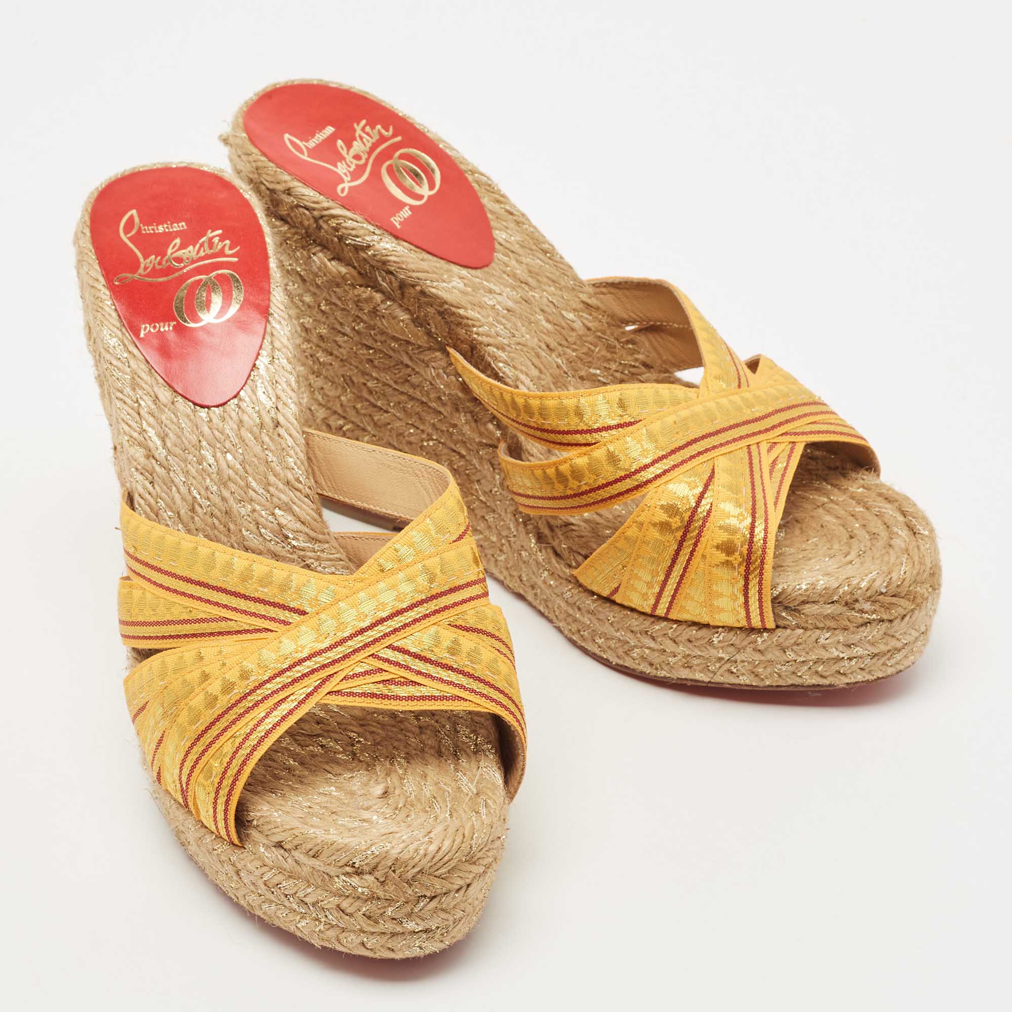 Christian Louboutin Yellow/Gold Lace Espadrille Wedge Slide Sandals Size 37