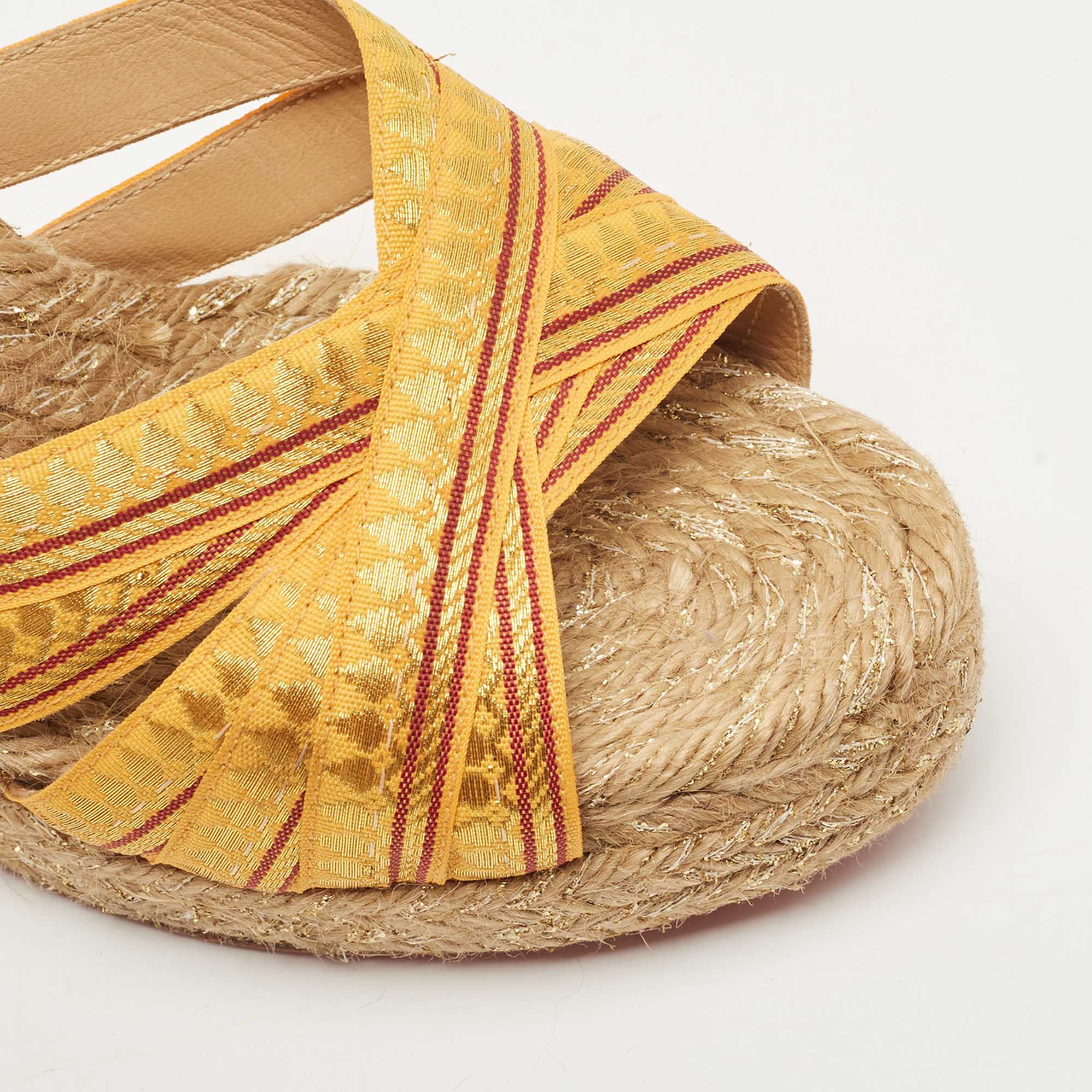 Christian Louboutin Yellow/Gold Lace Espadrille Wedge Slide Sandals Size 37