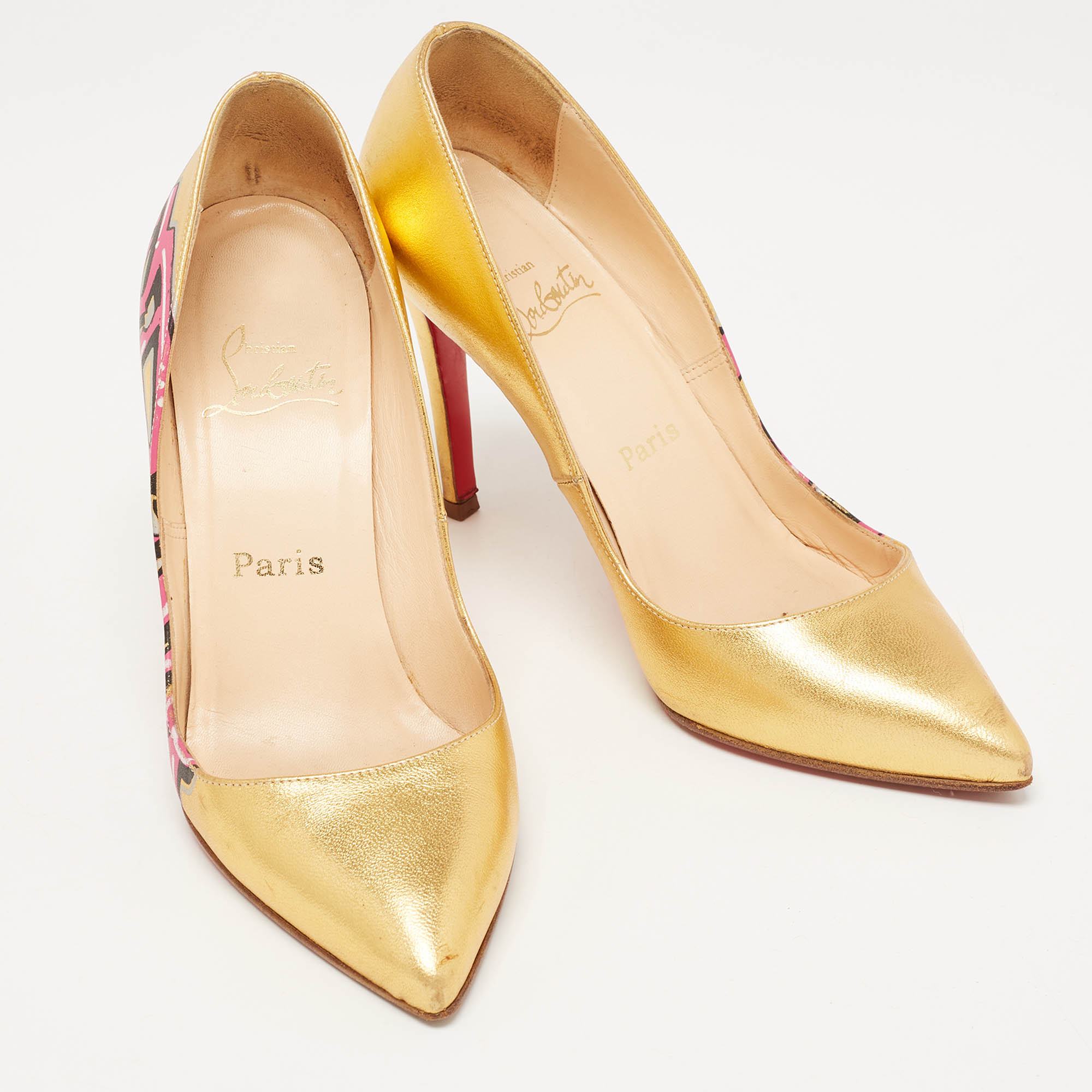 Christian Louboutin Gold Leather Pigalle Graffiti Pumps Size 37.5