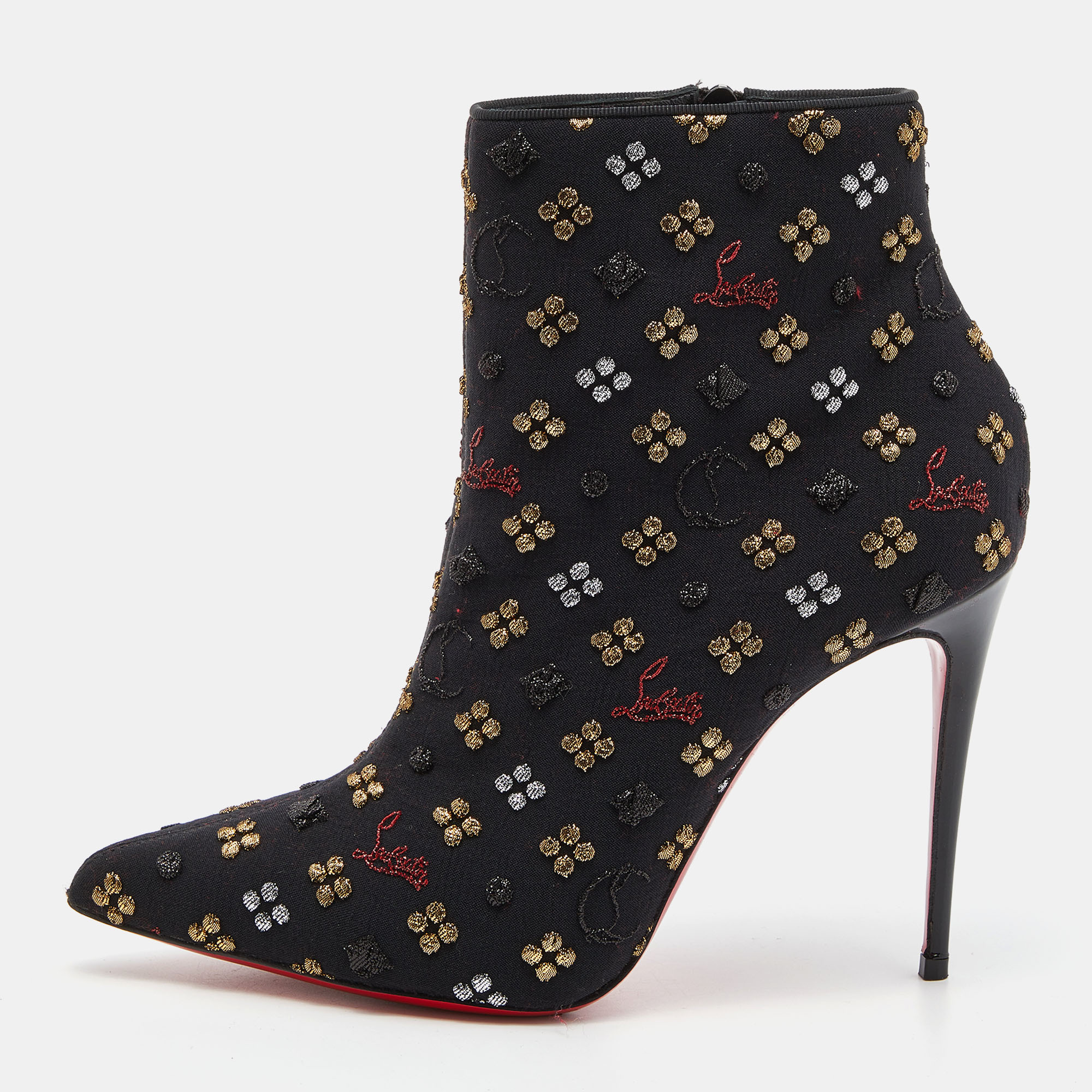 Christian Louboutin Black Embroidered Fabric So Kate Ankle Booties Size 37.5