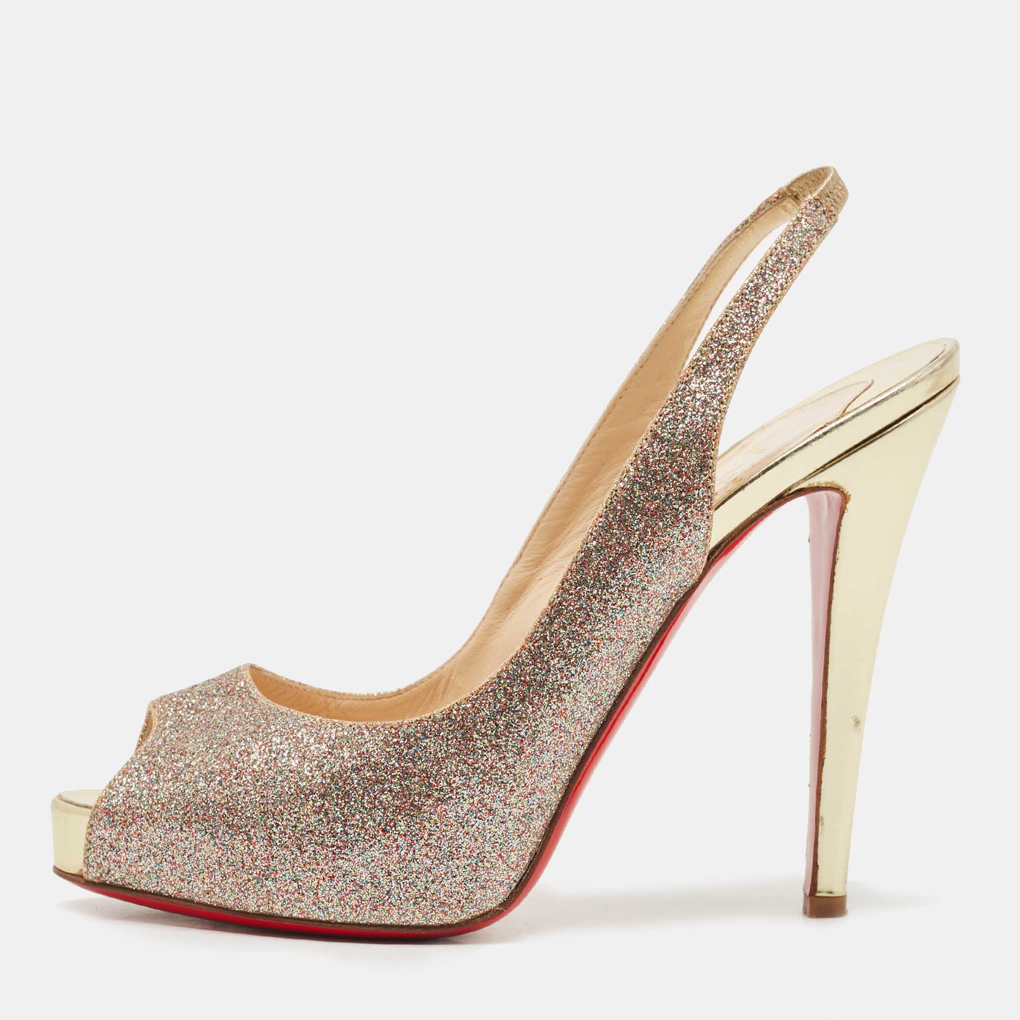 Christian Louboutin Metallic Gold Glitter Private Number Sandals Size 39