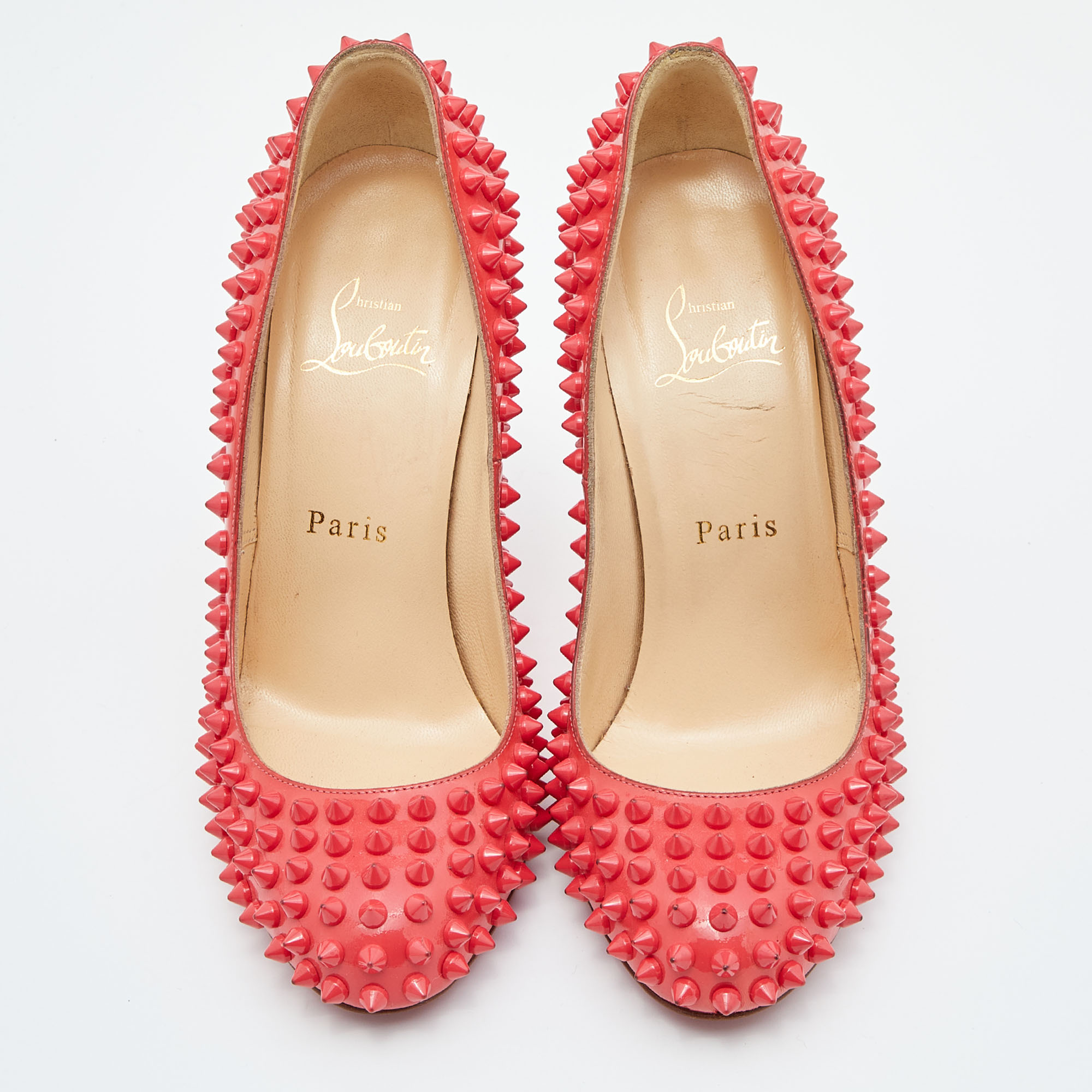 Christian Louboutin Coral Pink Patent Leather Fifi Spikes Pumps Size 36.5