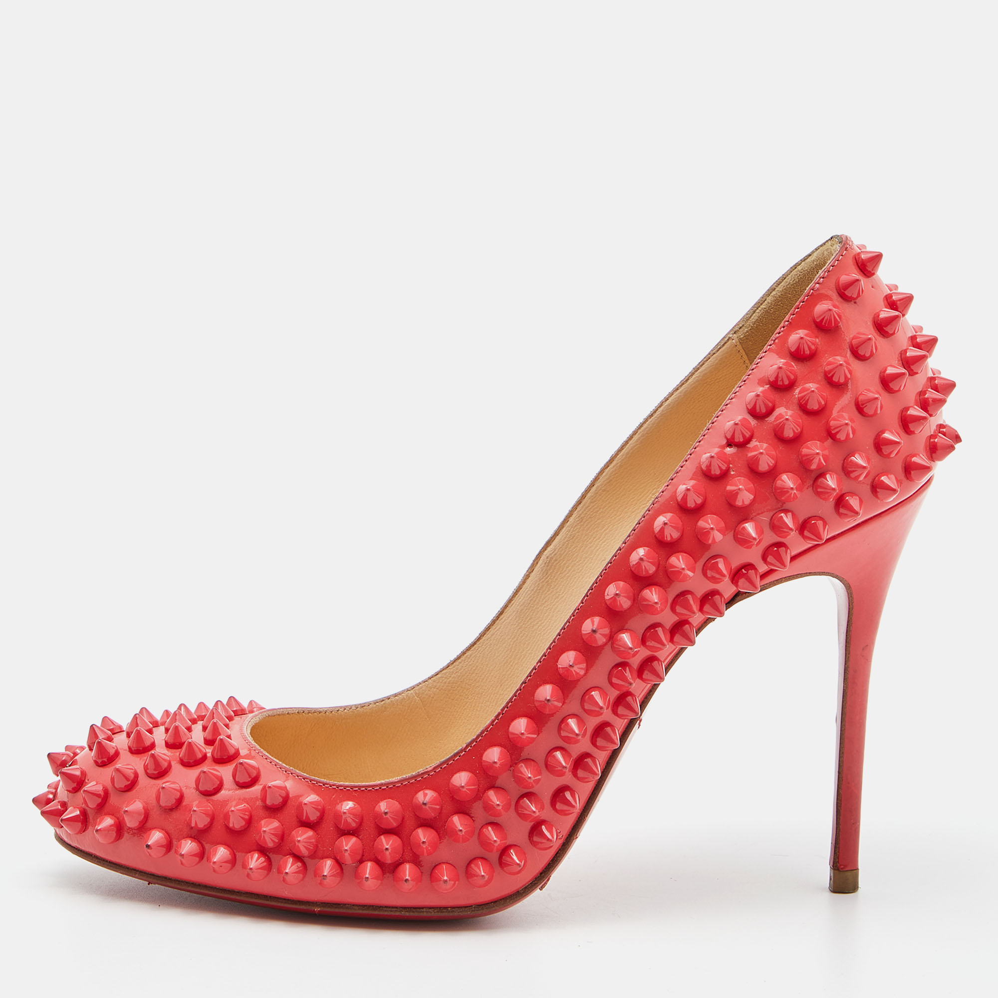 Christian louboutin coral pink patent leather fifi spikes pumps size 36.5