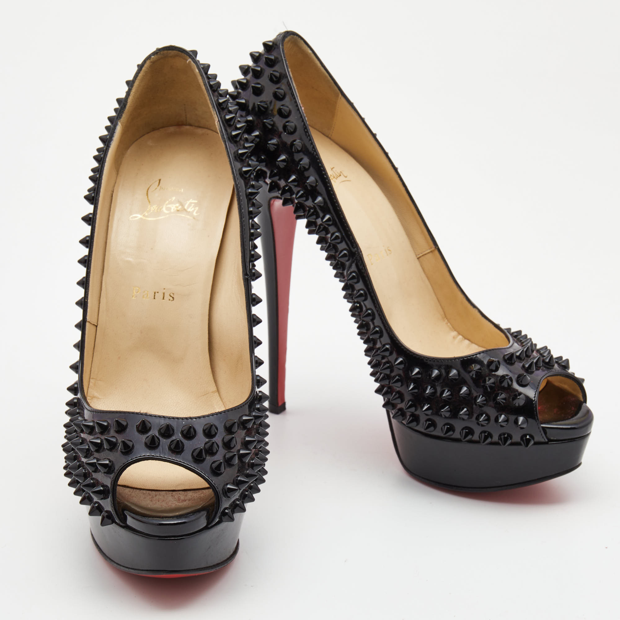 Christian Louboutin Black Patent Leather Lady Peep Spikes Pumps Size 40