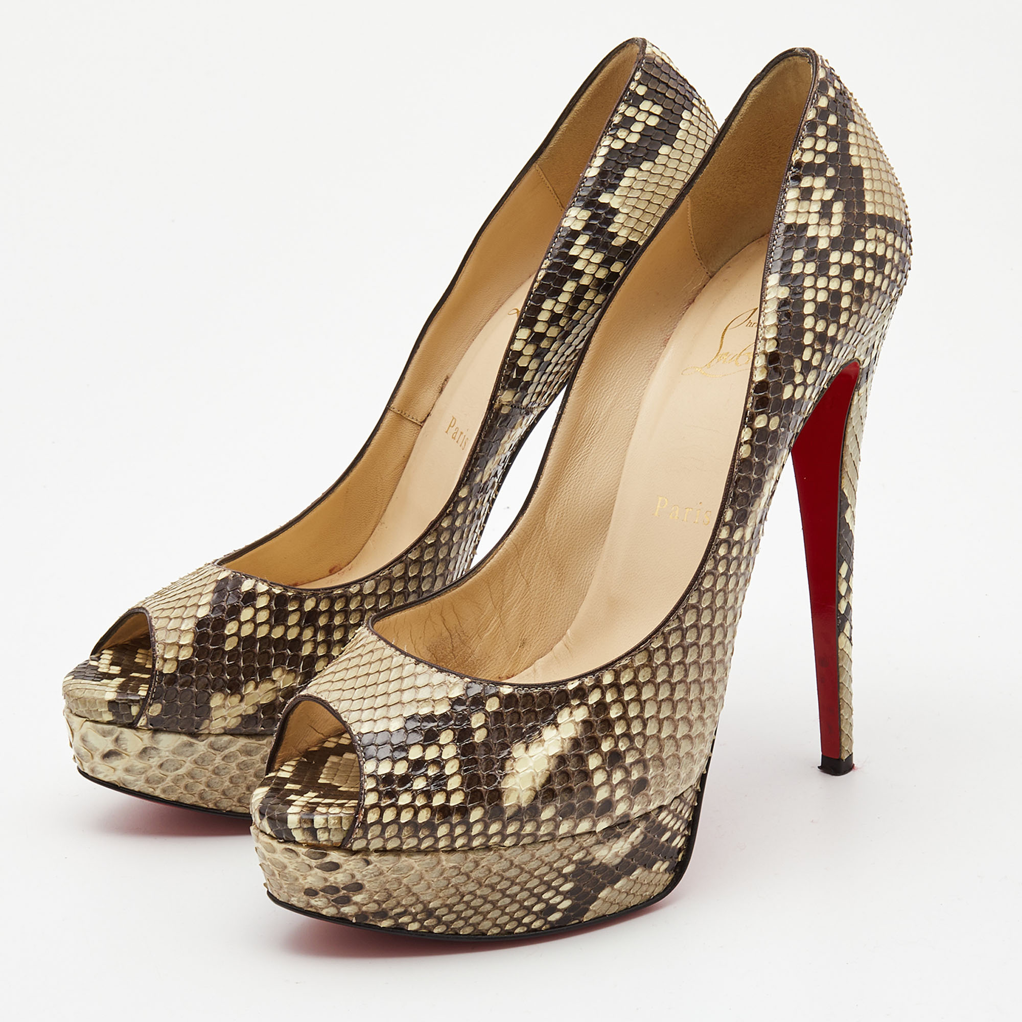 Christian Louboutin Two Tone Python Lady Peep Pumps Size 40