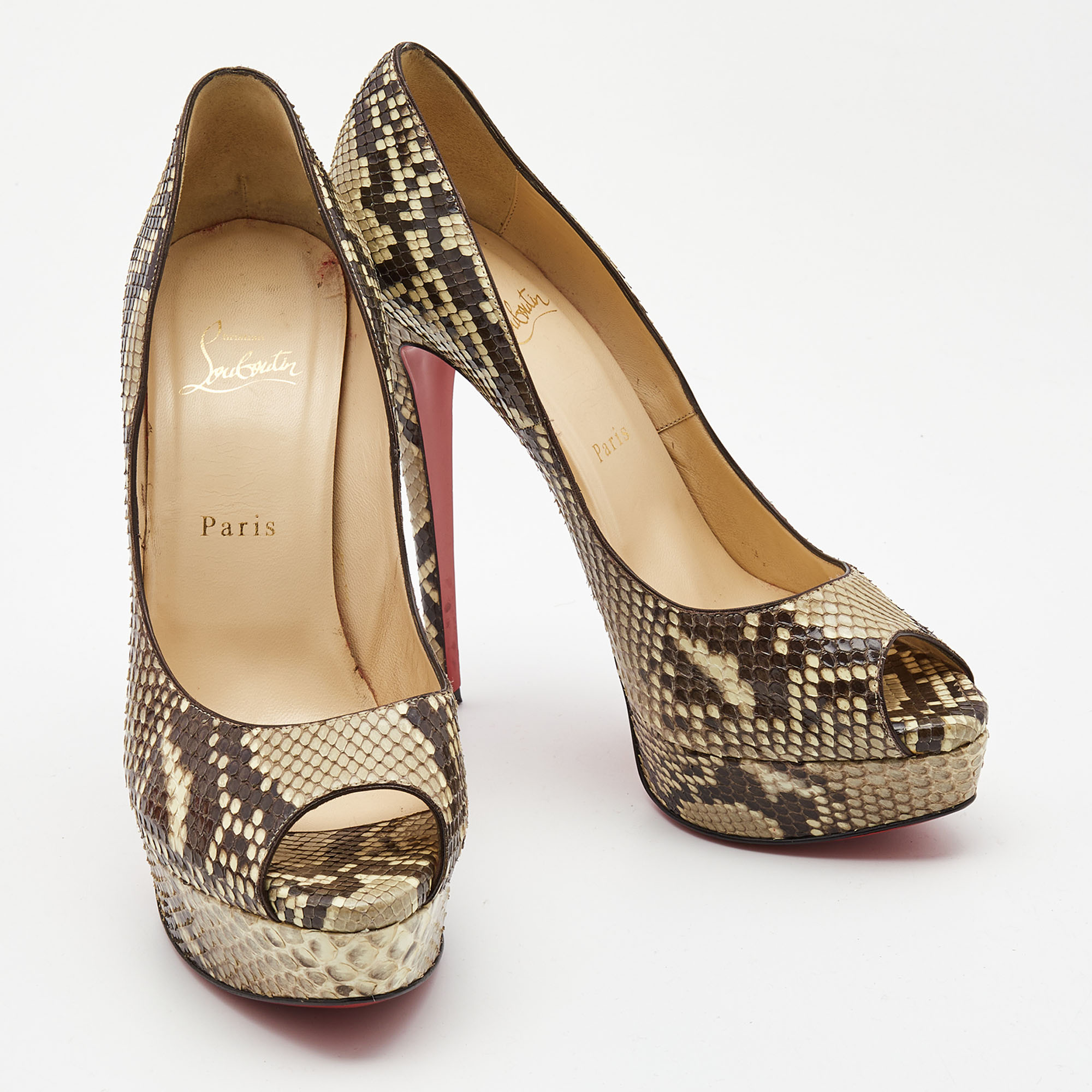 Christian Louboutin Two Tone Python Lady Peep Pumps Size 40