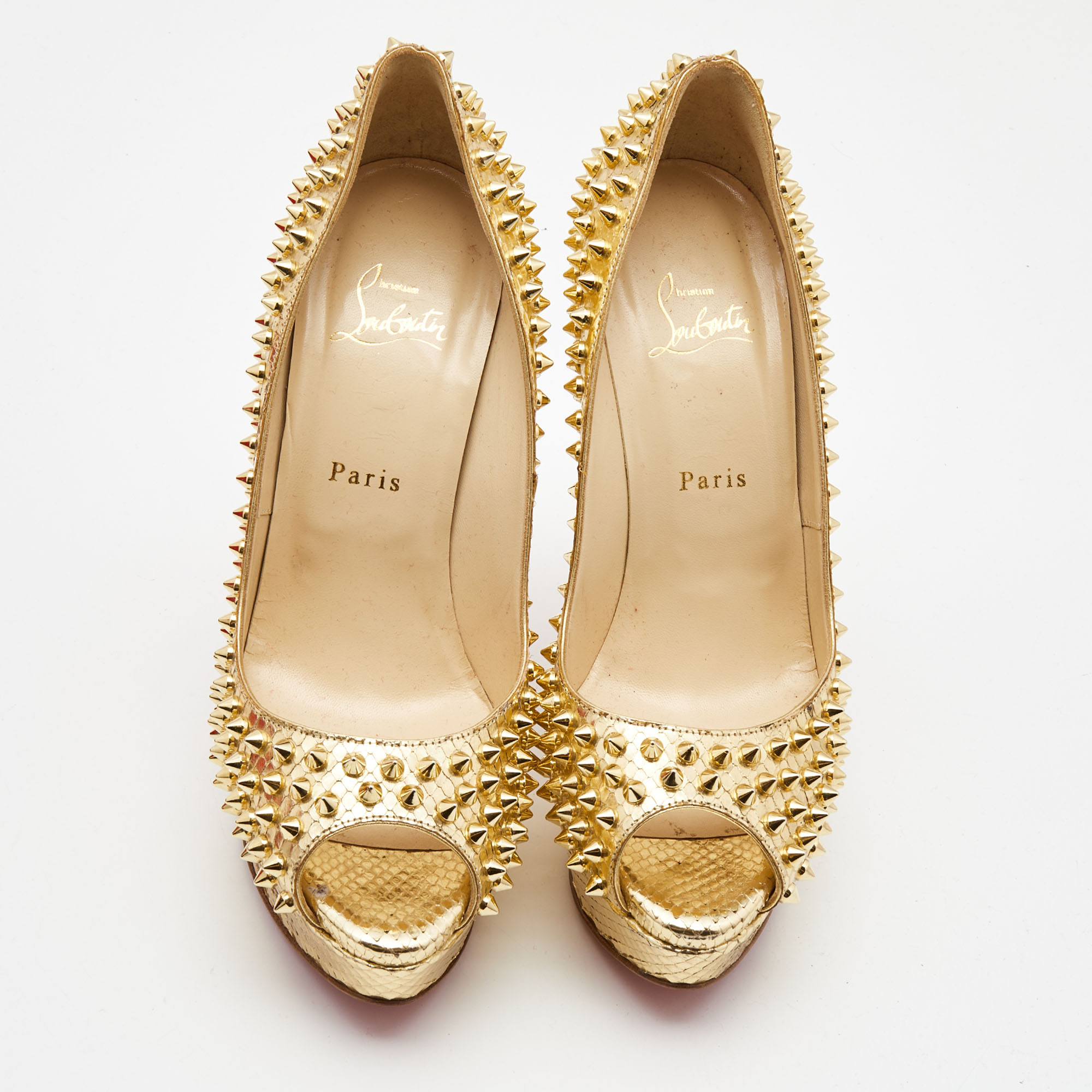 Christian Louboutin Gold Python Embossed Leather Lady Peep Spikes Pumps Size 40