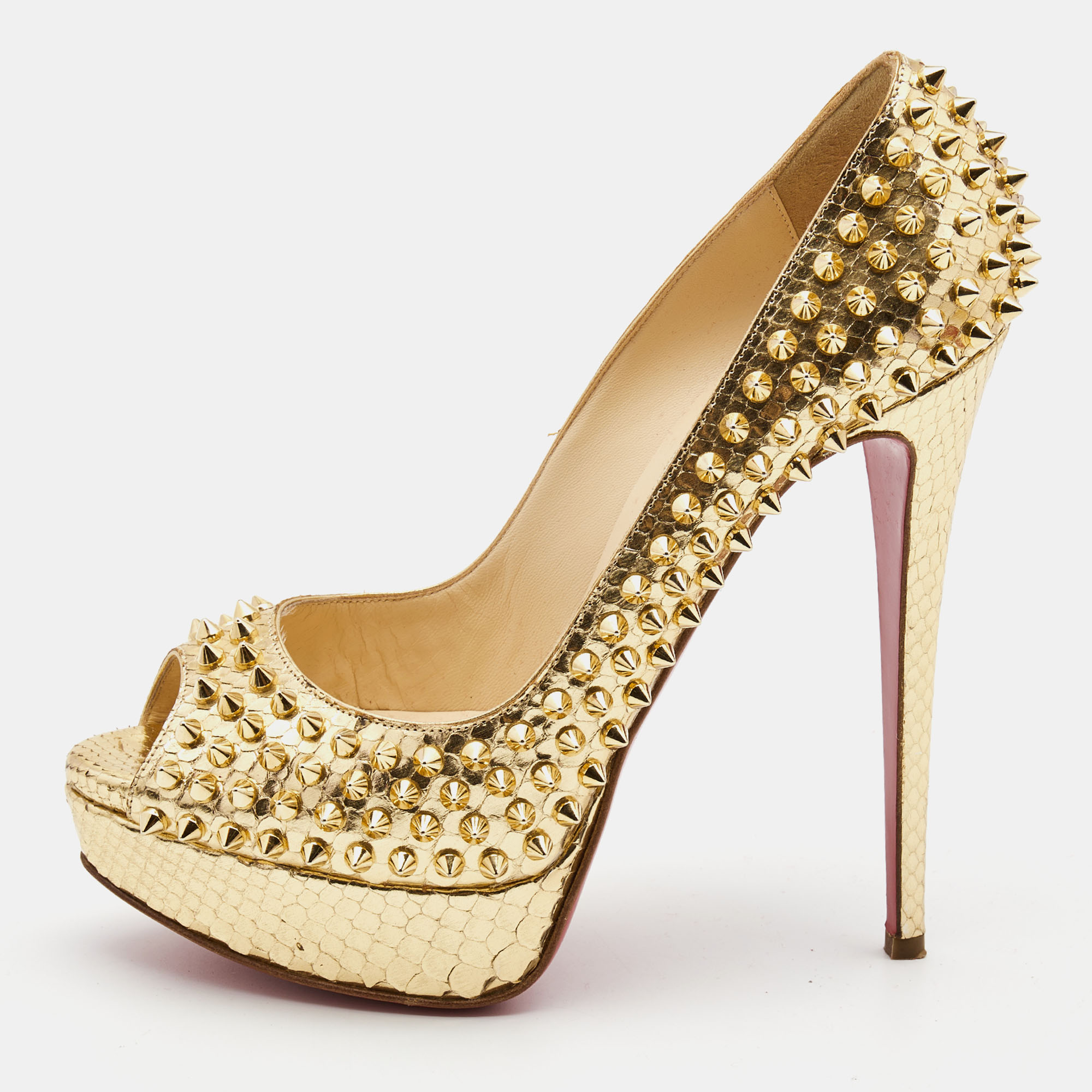 Christian Louboutin Gold Python Embossed Leather Lady Peep Spikes Pumps Size 40