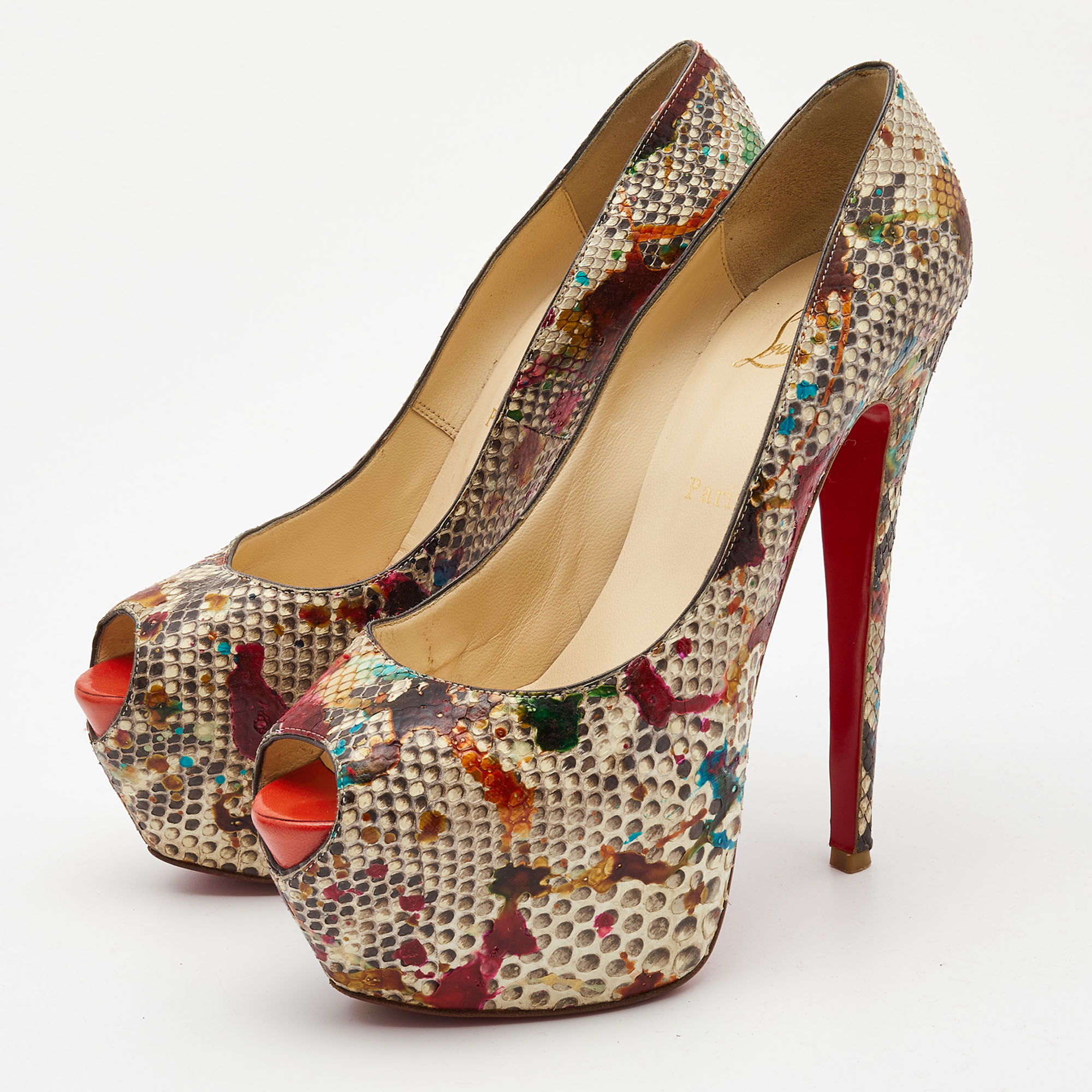 Christian Louboutin Two Tone Splash Print Python Highness Pumps Size 39.5