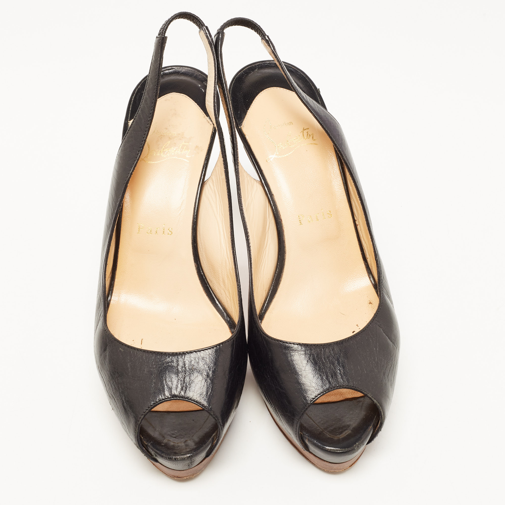 Christian Louboutin Black Leather Peep Toe Slingback Sandals Size 39