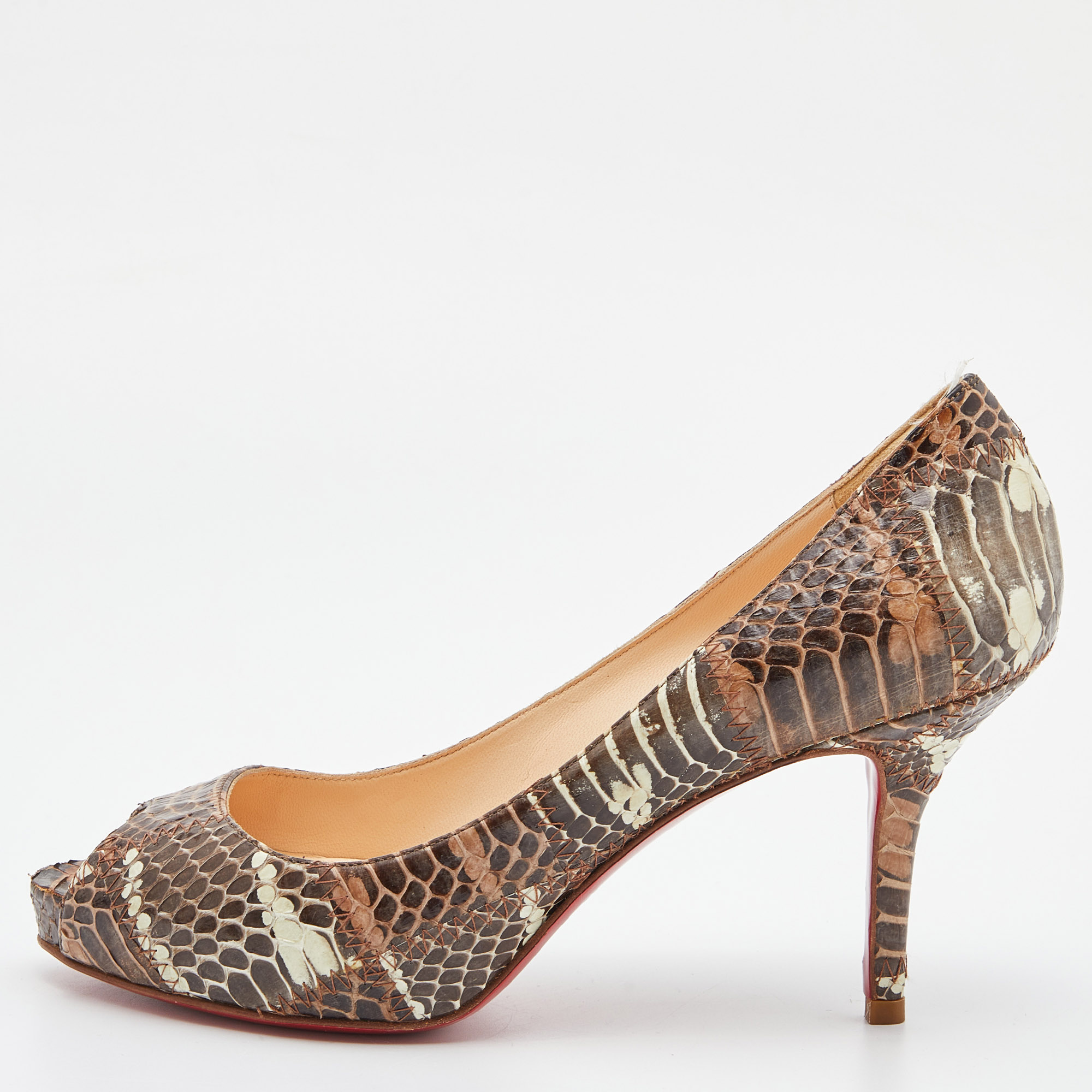 Christian Louboutin Brown Watersnake Leather Very Prive Peep Toe Pumps Size 37