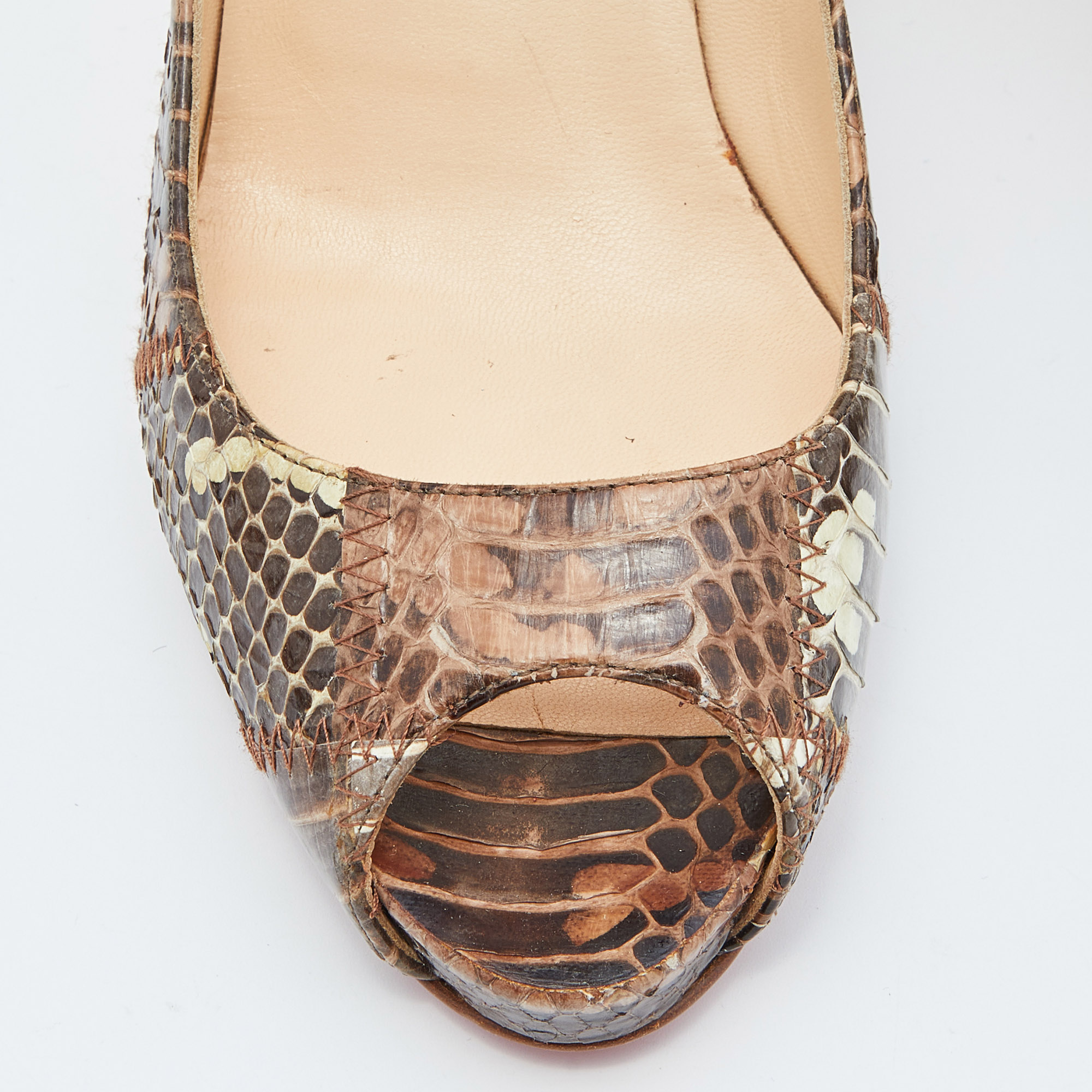 Christian Louboutin Brown Watersnake Leather Very Prive Peep Toe Pumps Size 37