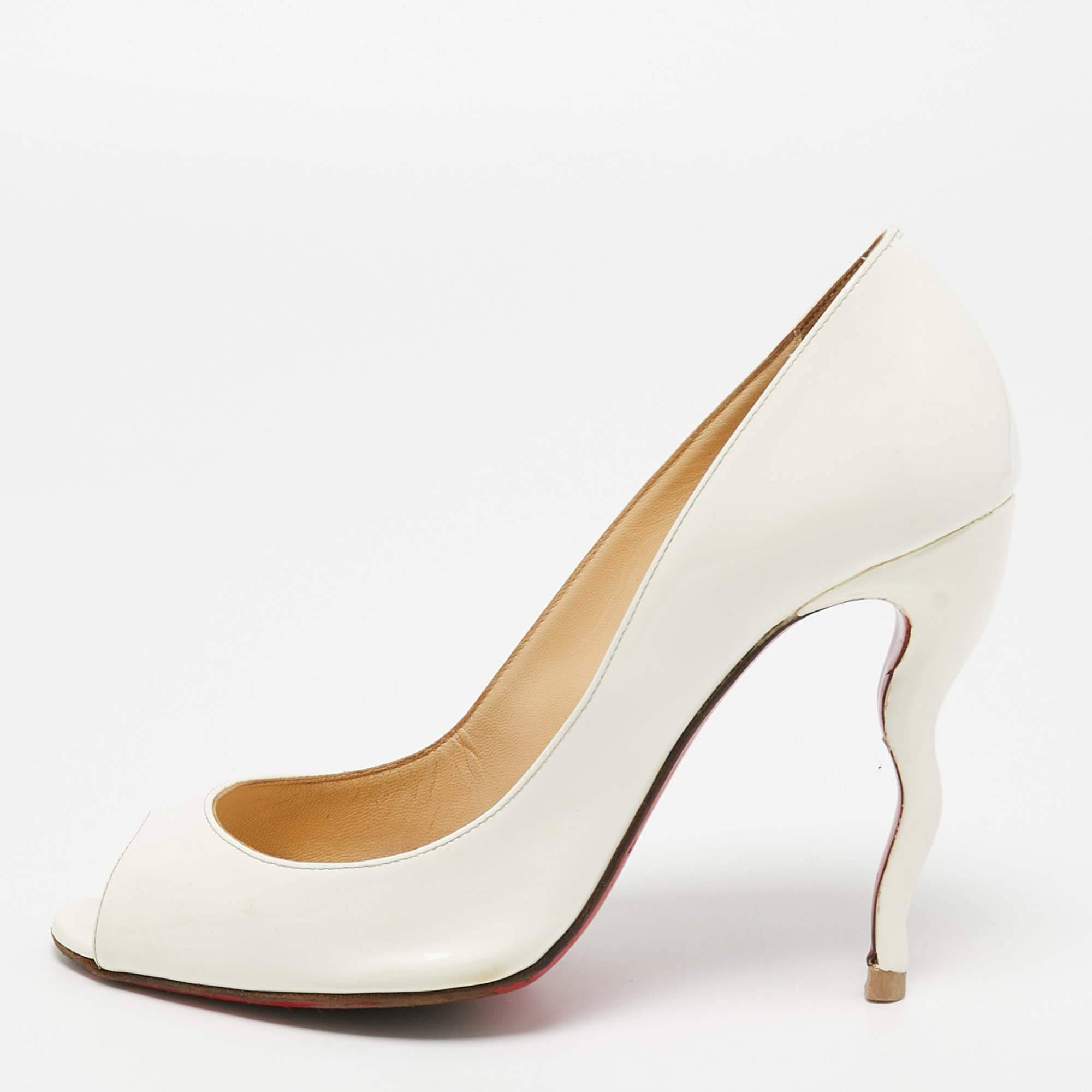 Christian louboutin white patent leather jolly wavy peep toe pumps size 37