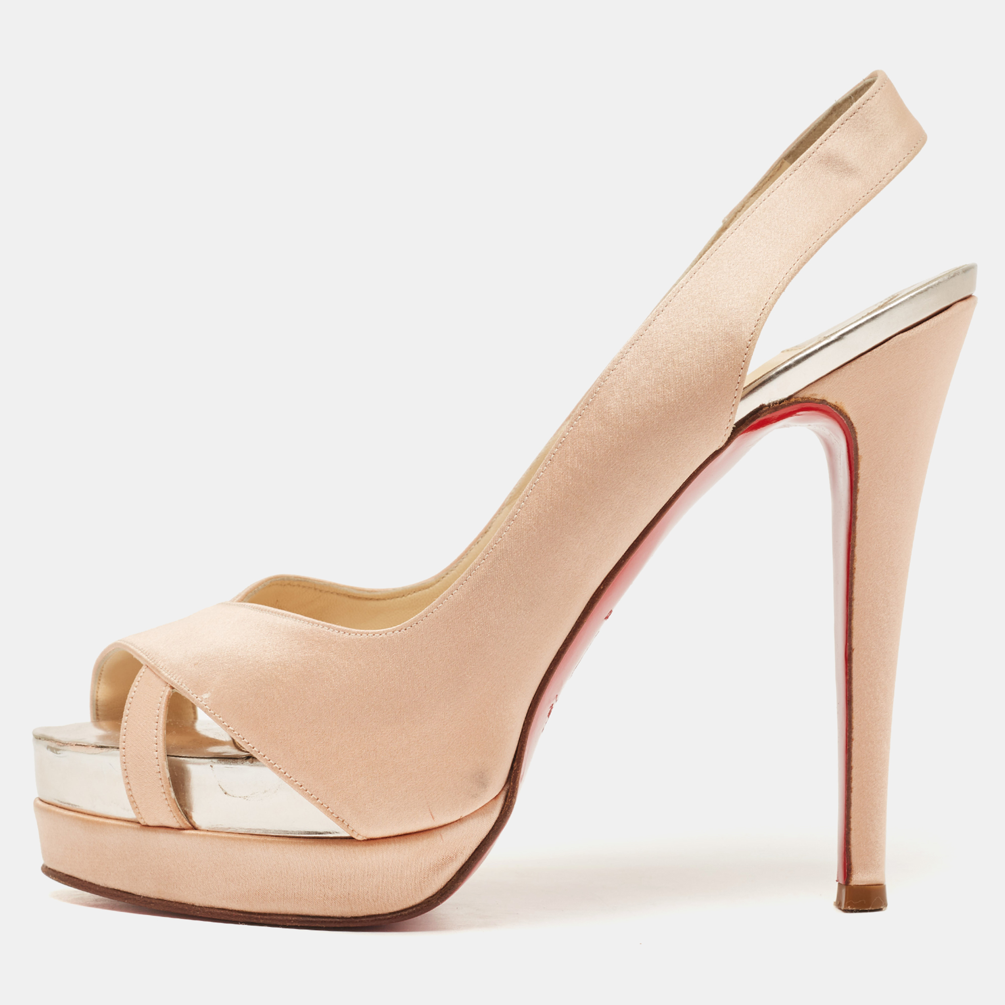 Christian louboutin pink satin open toe platform slingback sandals size 38