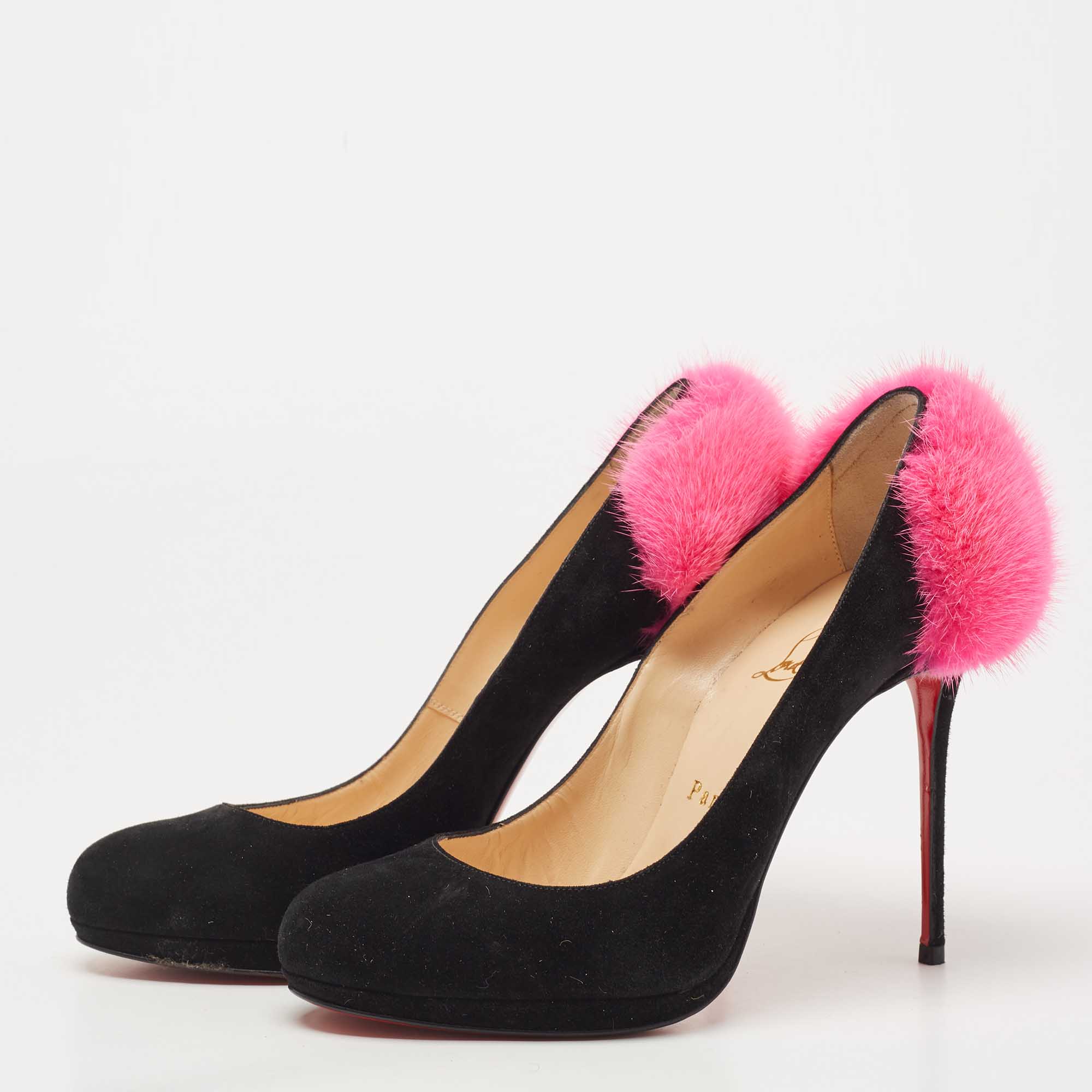 Christian Louboutin Black/Pink Suede And Fur Achilda Pumps Size 38