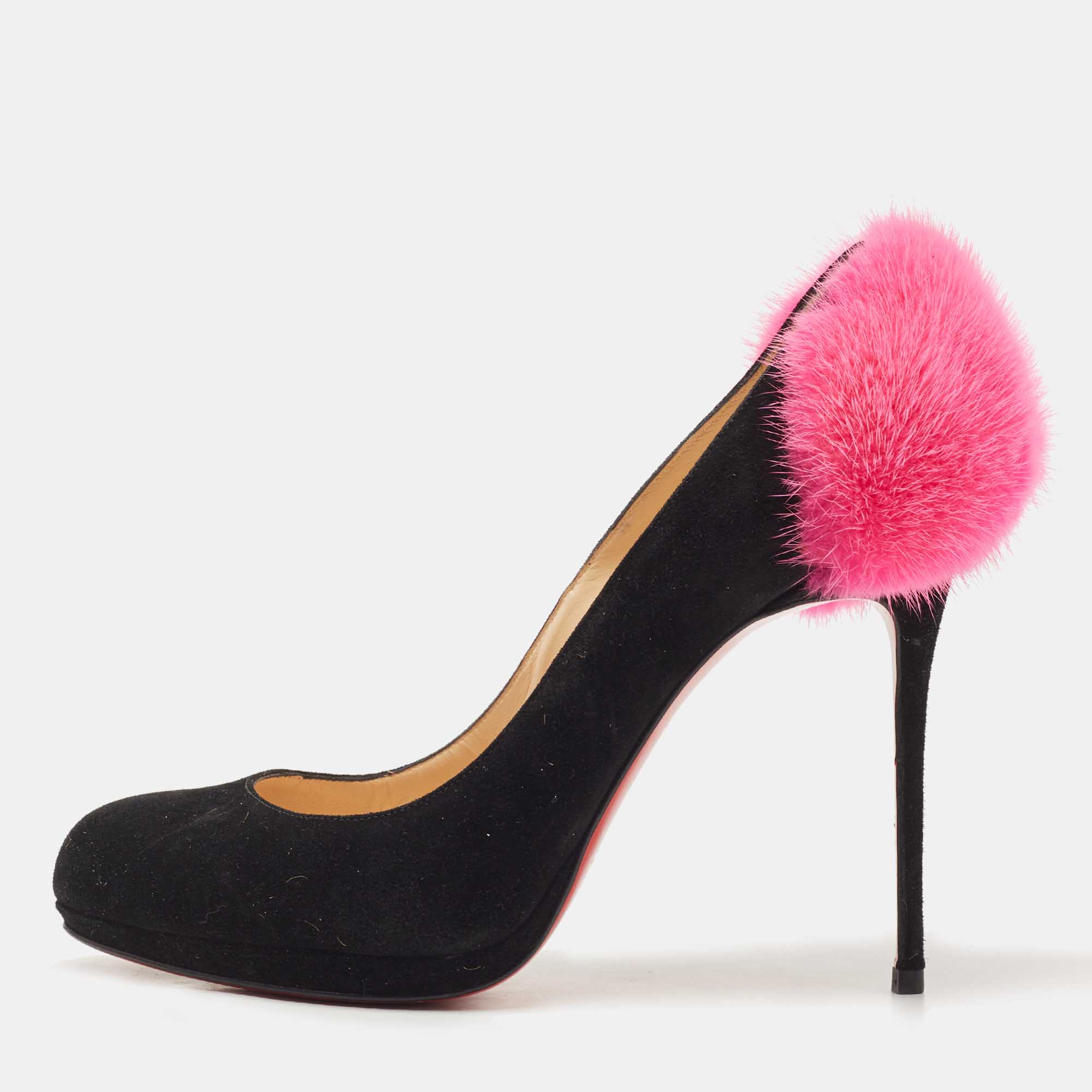 Christian louboutin black/pink suede and fur achilda pumps size 38