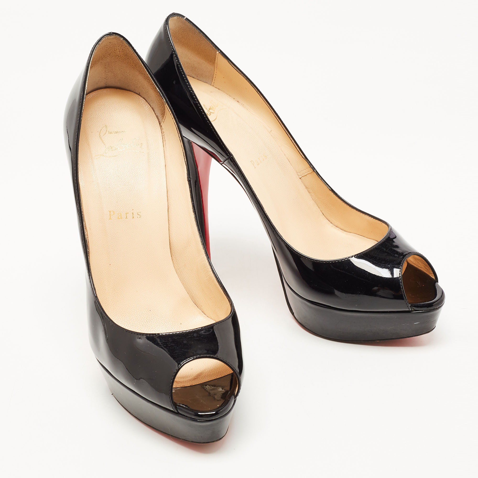Christian Louboutin Black Patent Leather Troca Peep Toe Platform Pumps Size 39.5