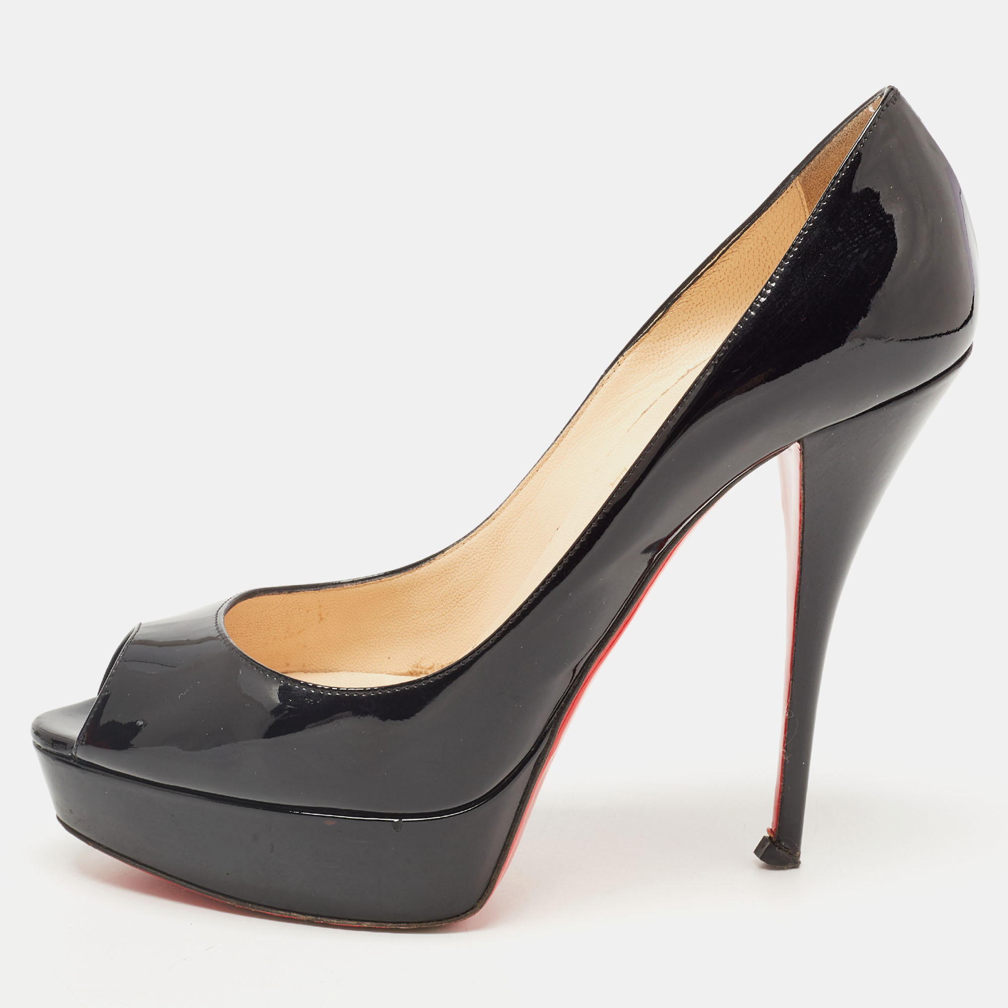 Christian louboutin black patent leather troca peep toe platform pumps size 39.5