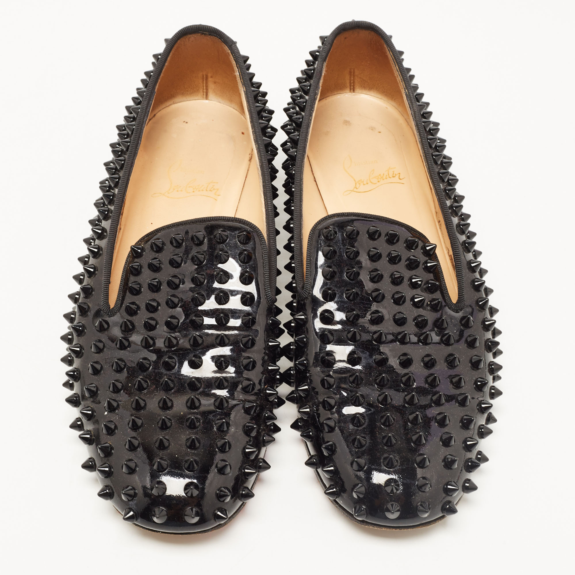 Christian Louboutin Black Patent Leather Dandelion Spikes Smoking Slippers Size 38