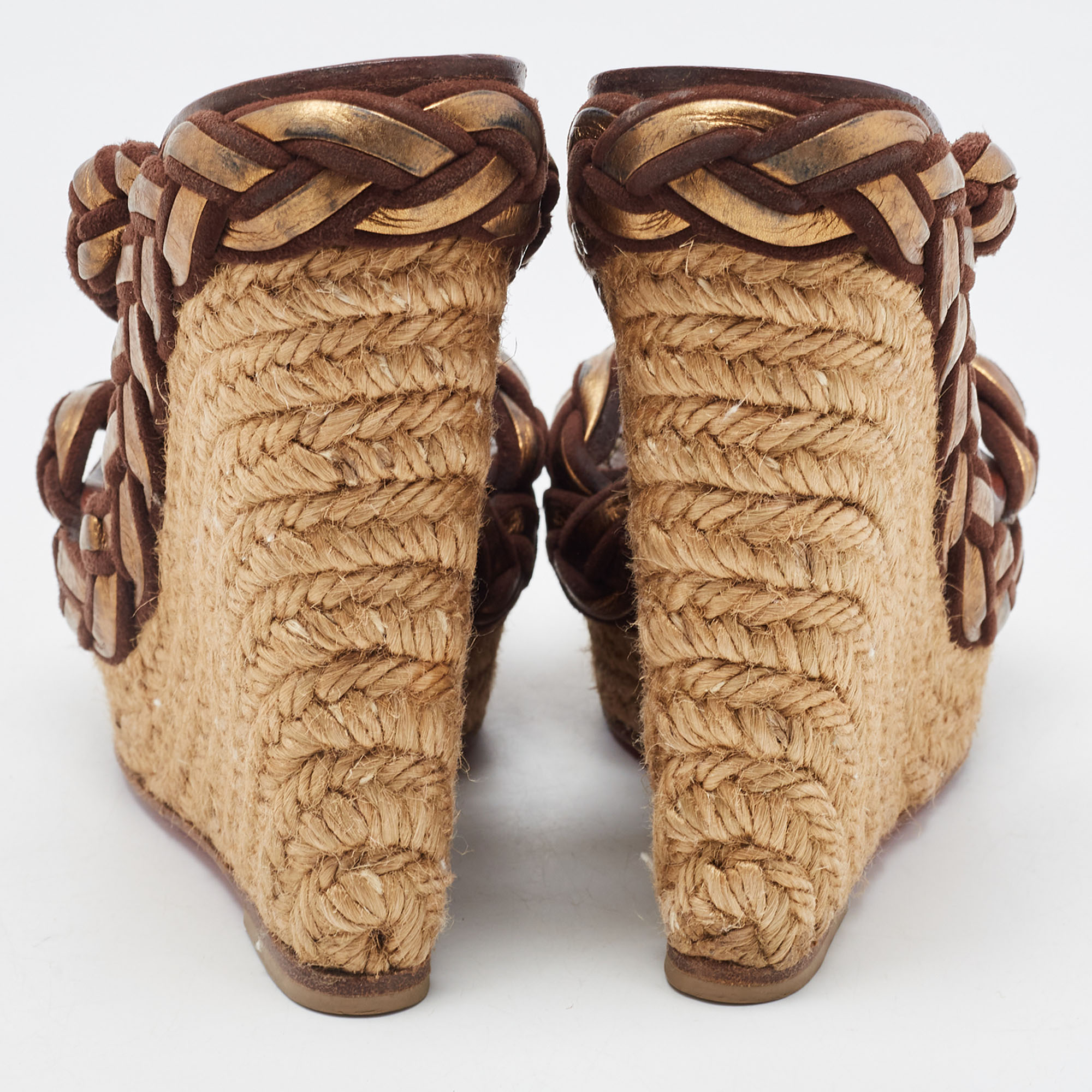 Christian Louboutin Brown/Gold Braided Leather And Suede Espadrille Wedge Sandals Size 35