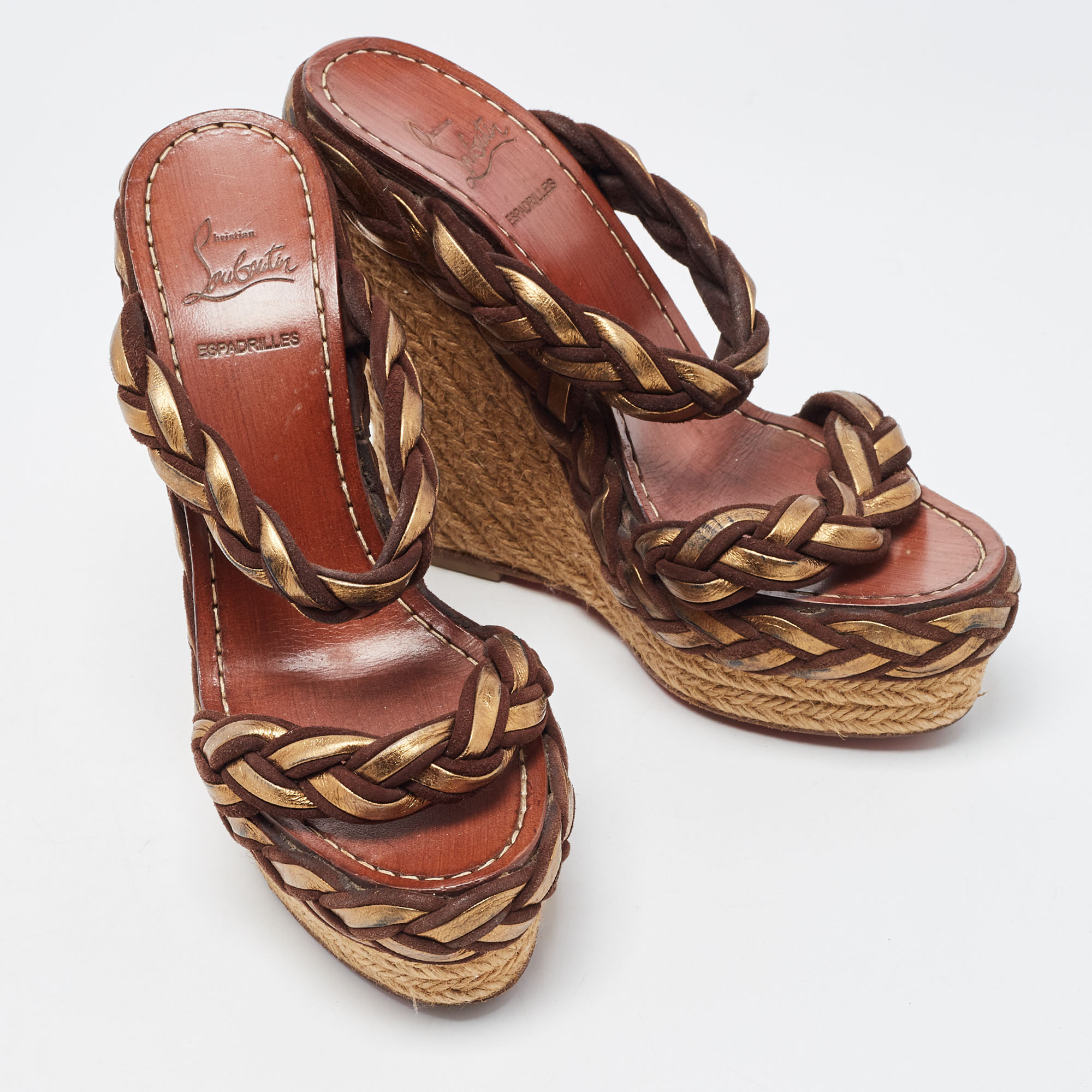 Christian Louboutin Brown/Gold Braided Leather And Suede Espadrille Wedge Sandals Size 35