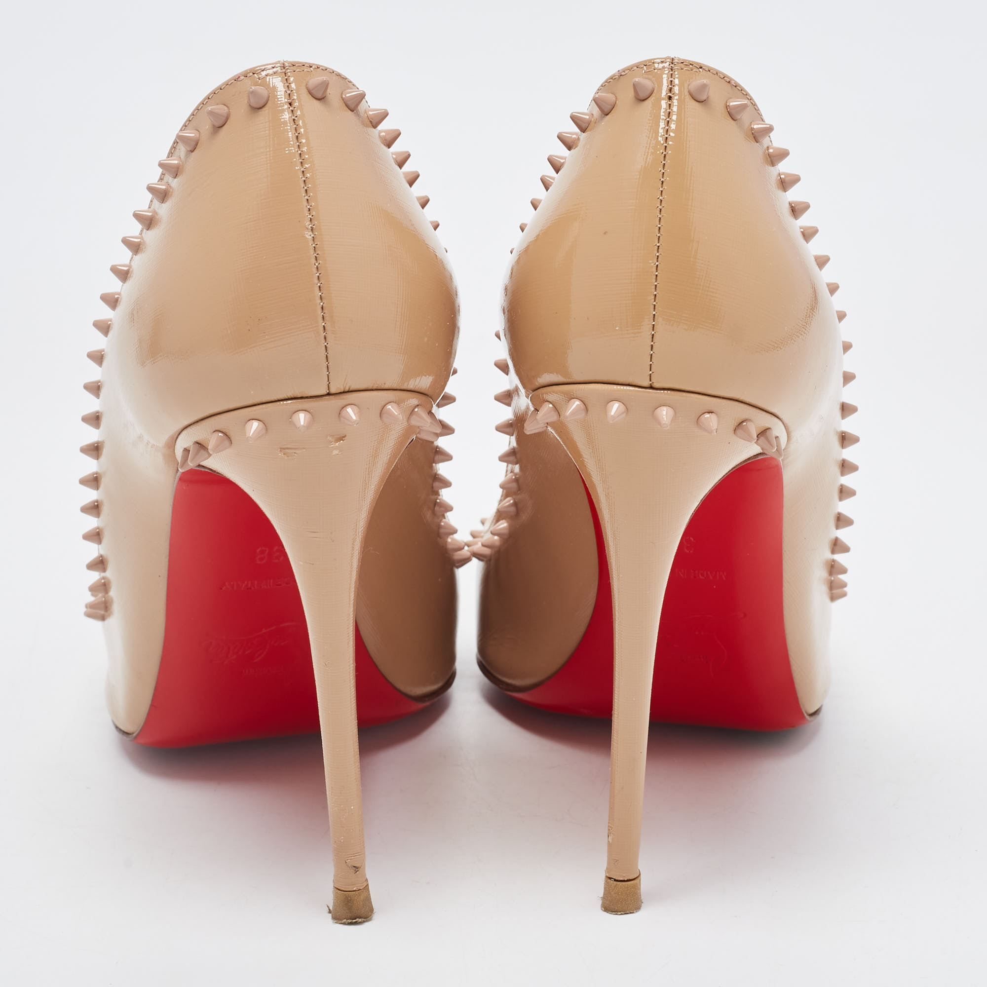 Christian Louboutin Beige Patent Leather Anjalina Spike Pointed Toe Pumps Size 38
