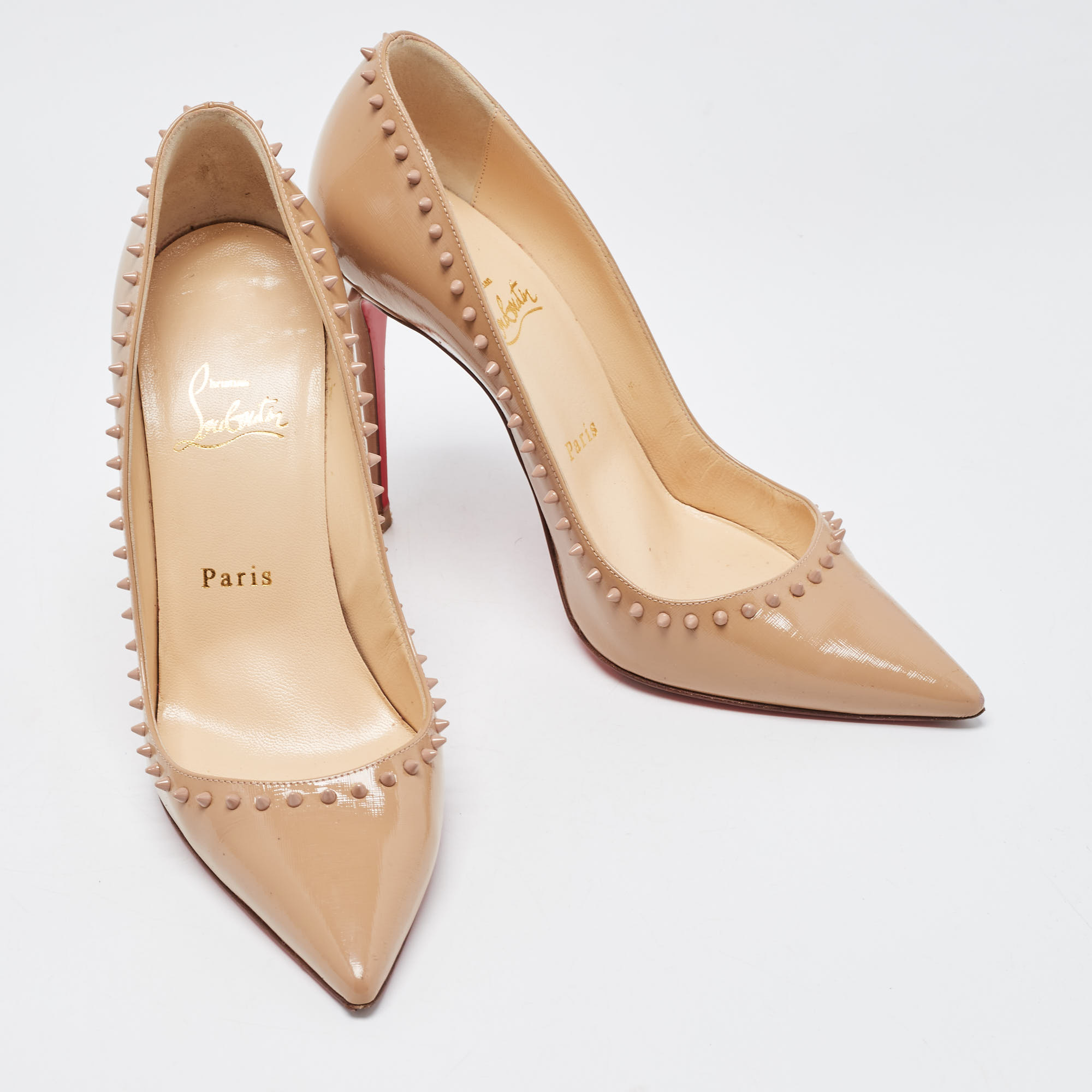 Christian Louboutin Beige Patent Leather Anjalina Spike Pointed Toe Pumps Size 38