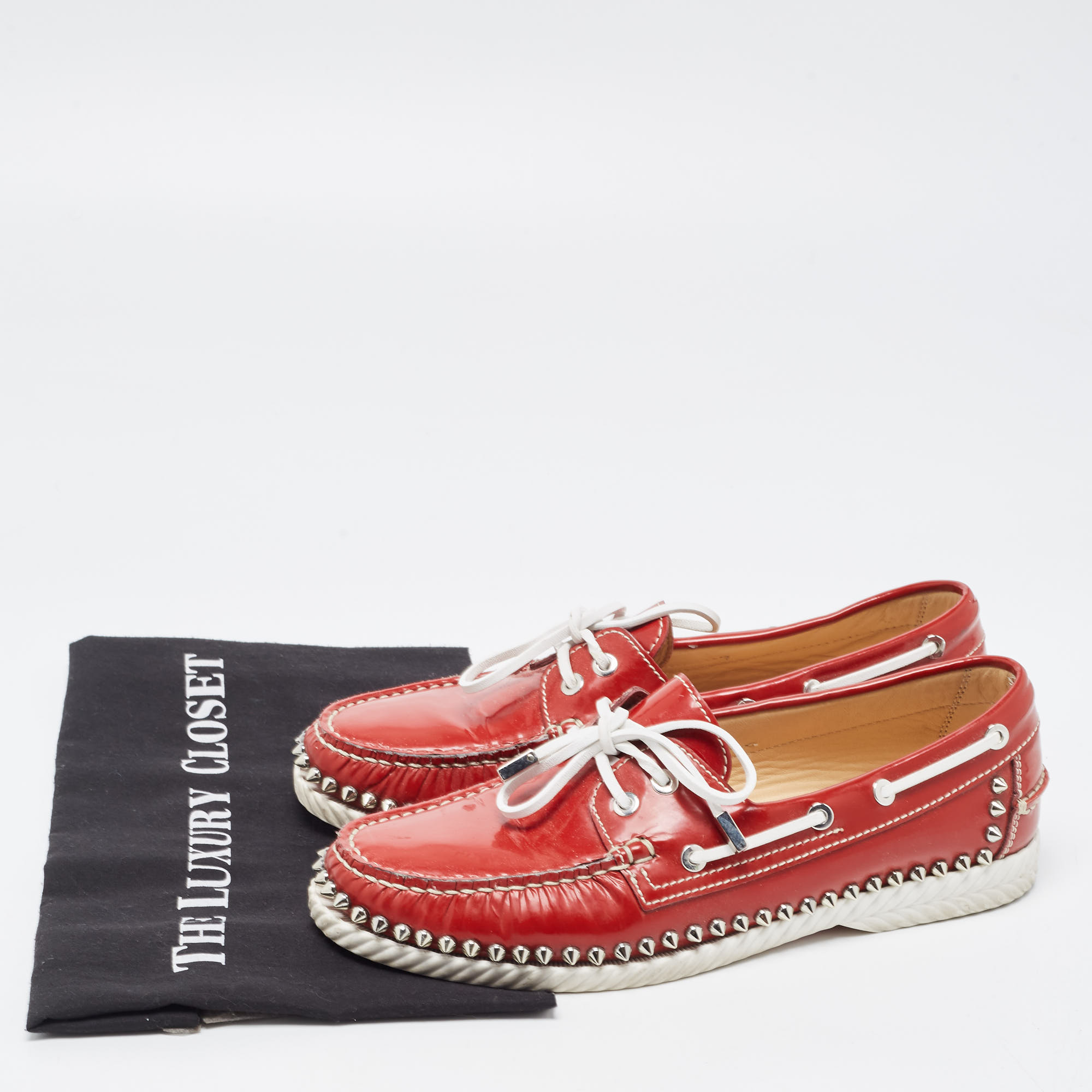 Christian Louboutin Red Patent Leather Steckel Spike Boat Loafers Size 40.5